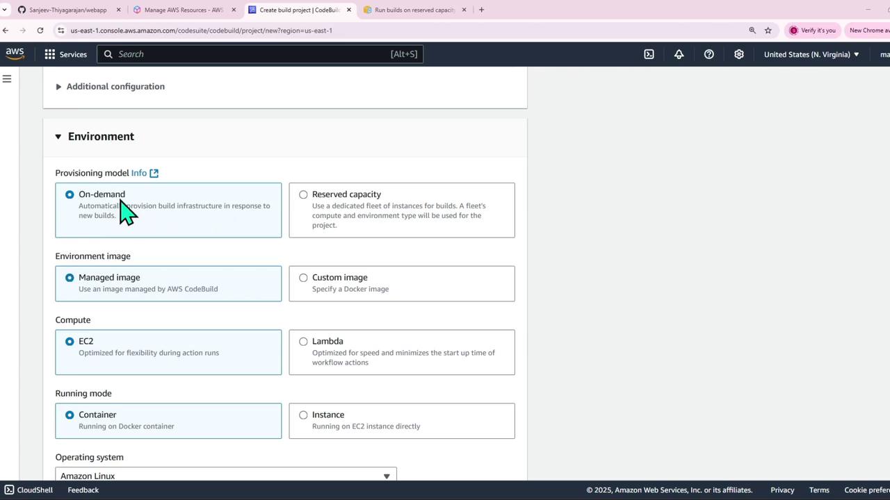 The image shows an AWS CodeBuild configuration screen where options for provisioning model, environment image, compute, and running mode are being selected. The "On-demand" provisioning model and "Managed image" environment image are chosen.