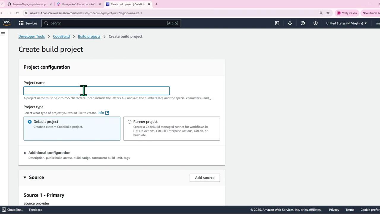 The image shows an AWS CodeBuild interface for creating a build project, where users can configure the project name and type. Options include selecting a default or runner project.