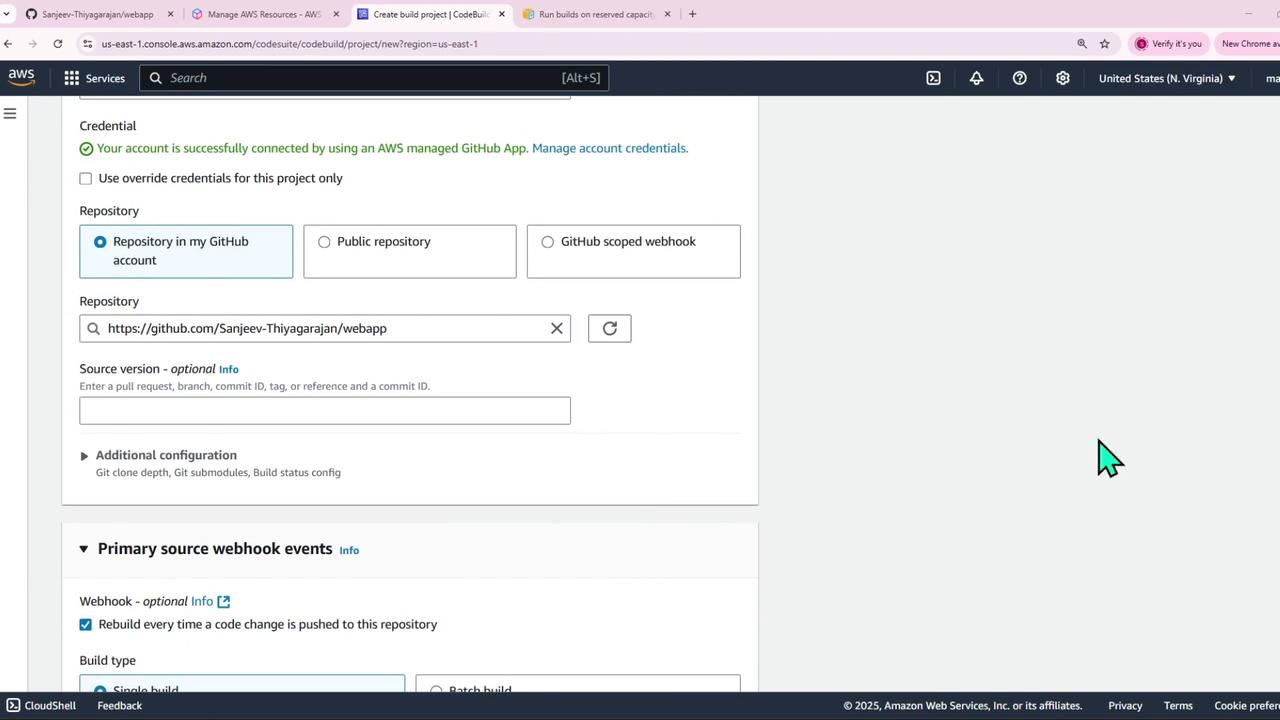 The image shows an AWS CodeBuild setup screen where a GitHub repository is being connected for a build project. It includes options for repository selection and webhook configuration.