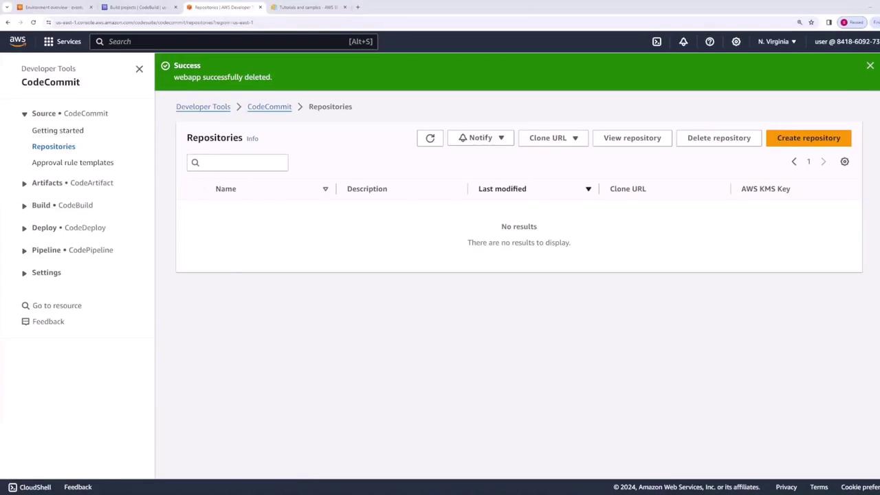 The image shows an AWS CodeCommit interface with a notification indicating "webapp successfully deleted" and no repositories listed.