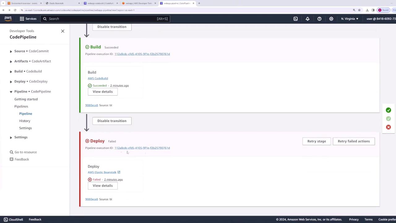 The image shows an AWS CodePipeline interface where the build stage has succeeded, but the deploy stage has failed. The error message indicates an issue with finding the artifact or Amazon S3 bucket.