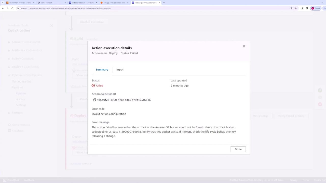 The image shows an AWS CodePipeline interface with a "Deploy" action that has failed. The error message indicates an issue with finding the artifact or Amazon S3 bucket.