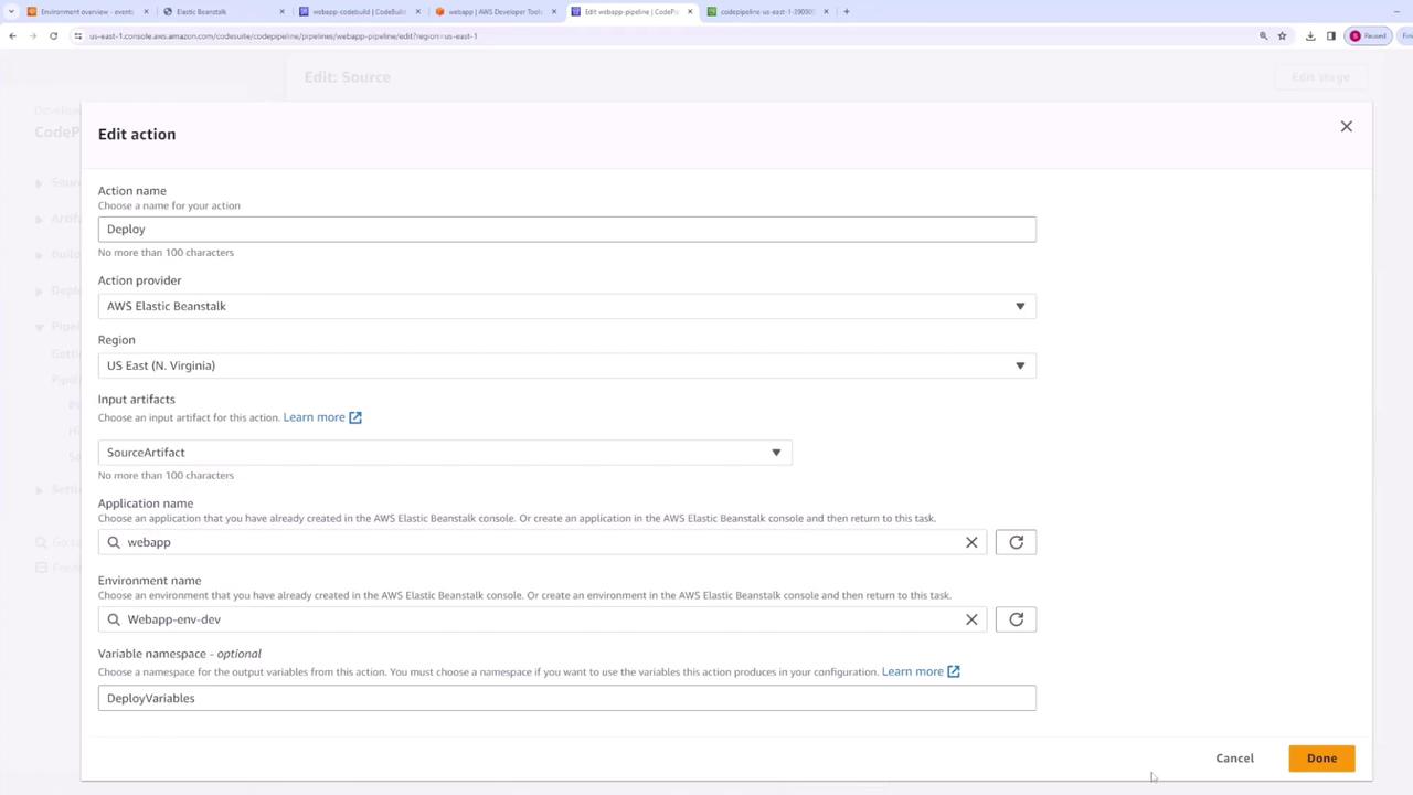 The image shows a configuration screen for editing an action in AWS CodePipeline, specifically for deploying an application using AWS Elastic Beanstalk. It includes fields for action name, provider, region, input artifacts, application name, and environment name.