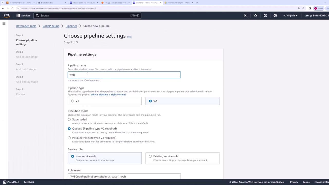 The image shows an AWS CodePipeline setup screen where a user is configuring pipeline settings, including the pipeline name, type, execution mode, and service role.