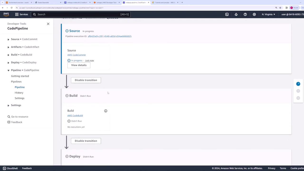 The image shows an AWS CodePipeline interface with sections for Source, Build, and Deploy stages. The Source stage is in progress, while the Build and Deploy stages have not run yet.