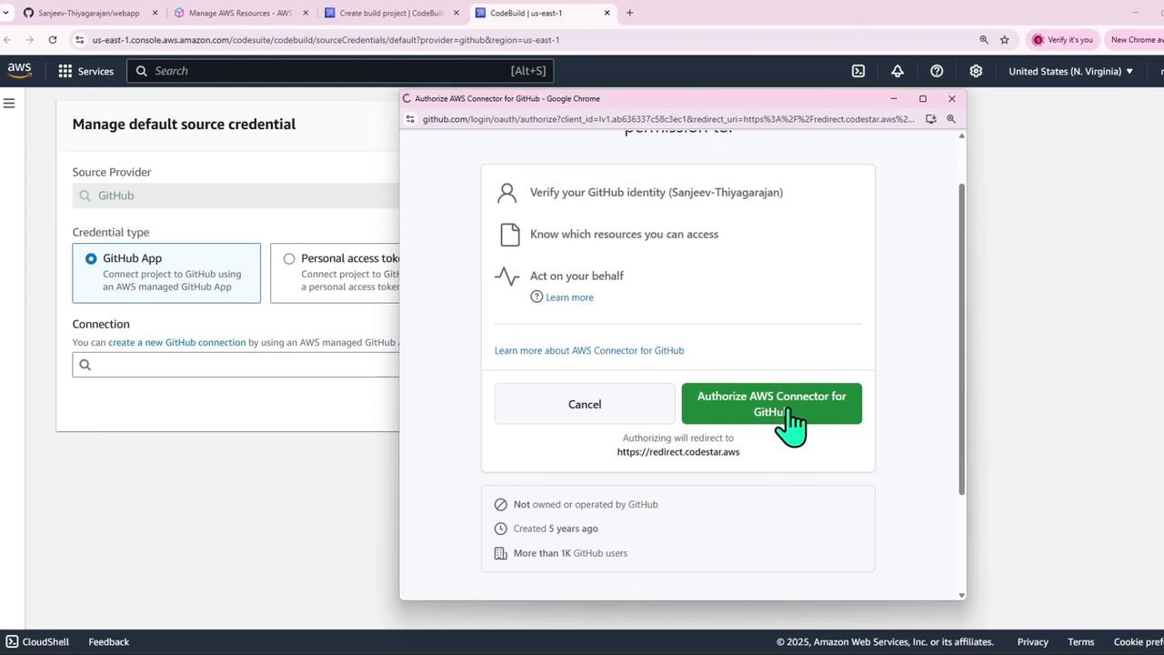 The image shows an AWS console screen for managing default source credentials, with a pop-up window prompting to authorize the AWS Connector for GitHub.
