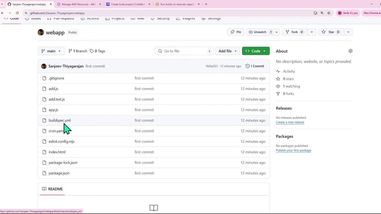 The image shows a GitHub repository named "webapp" with a list of files such as `.gitignore`, `add.js`, and `buildspec.yml`, all marked as "first commit." The repository has no stars, forks, or description.