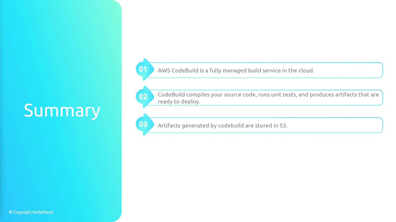 The image is a summary slide about AWS CodeBuild, highlighting it as a fully managed cloud build service that compiles code, runs tests, and stores artifacts in S3.