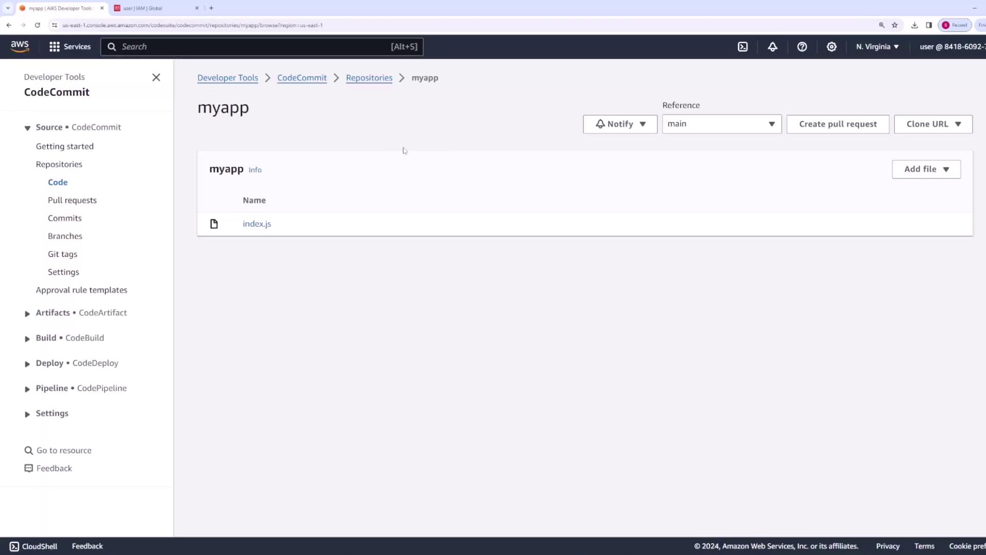 The image shows an AWS CodeCommit interface displaying a repository named "myapp" with a file called "index.js" listed. The left sidebar includes options for various AWS Developer Tools like CodeArtifact, CodeBuild, and CodeDeploy.