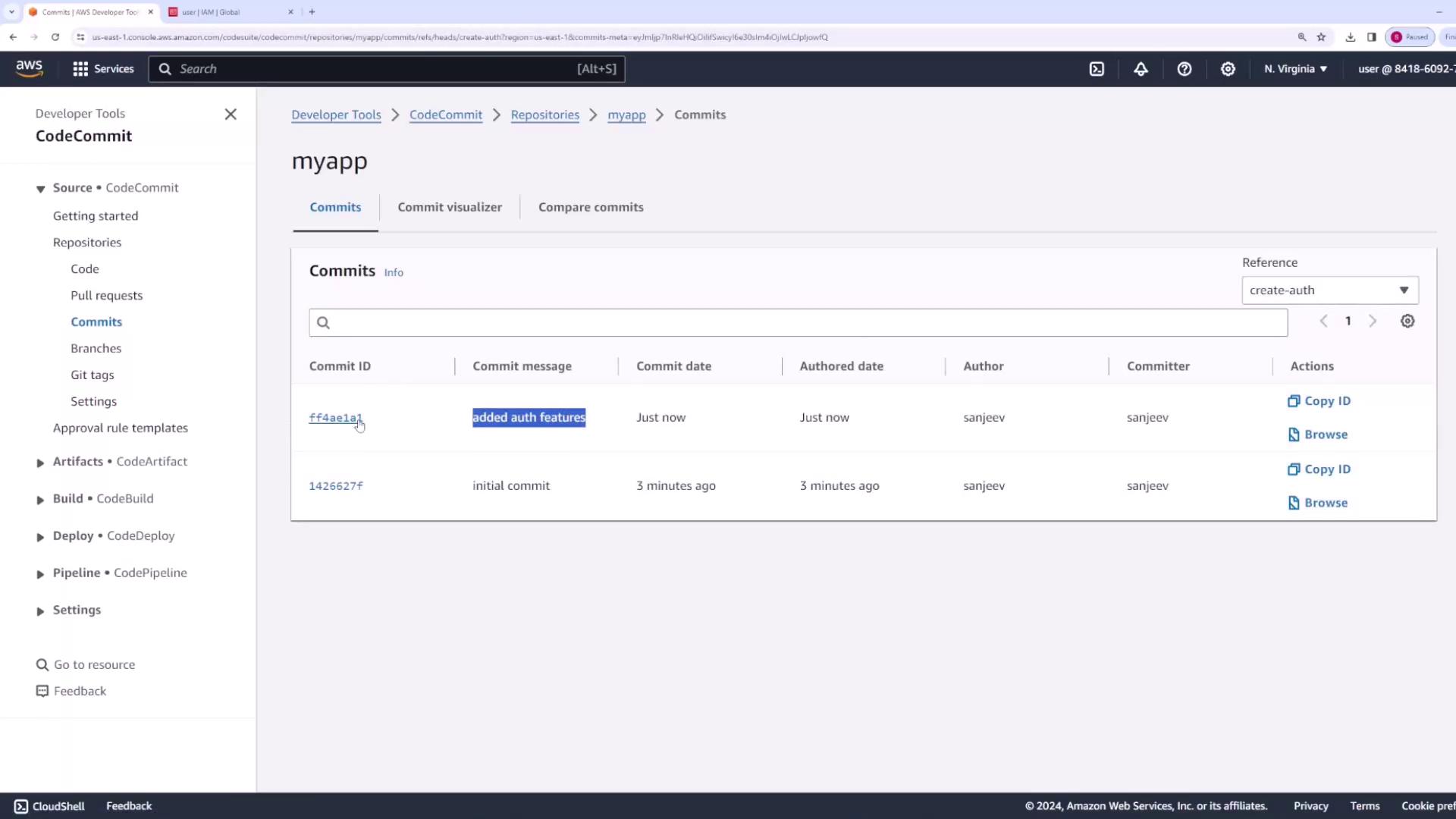 The image shows an AWS CodeCommit interface displaying a repository named "myapp" with a list of commits, including details like commit ID, message, date, author, and actions.