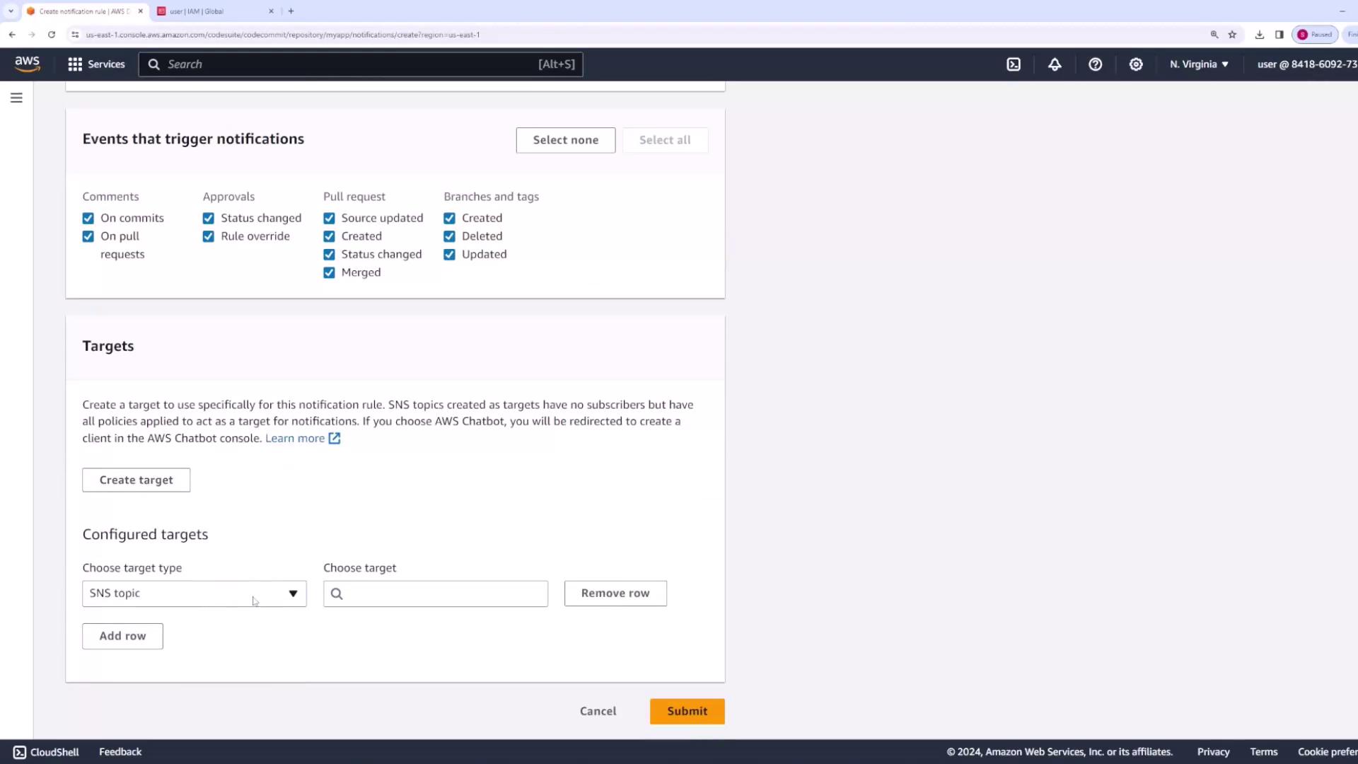 The image shows an AWS CodeCommit interface for creating notification rules, with options to select events that trigger notifications and configure targets.