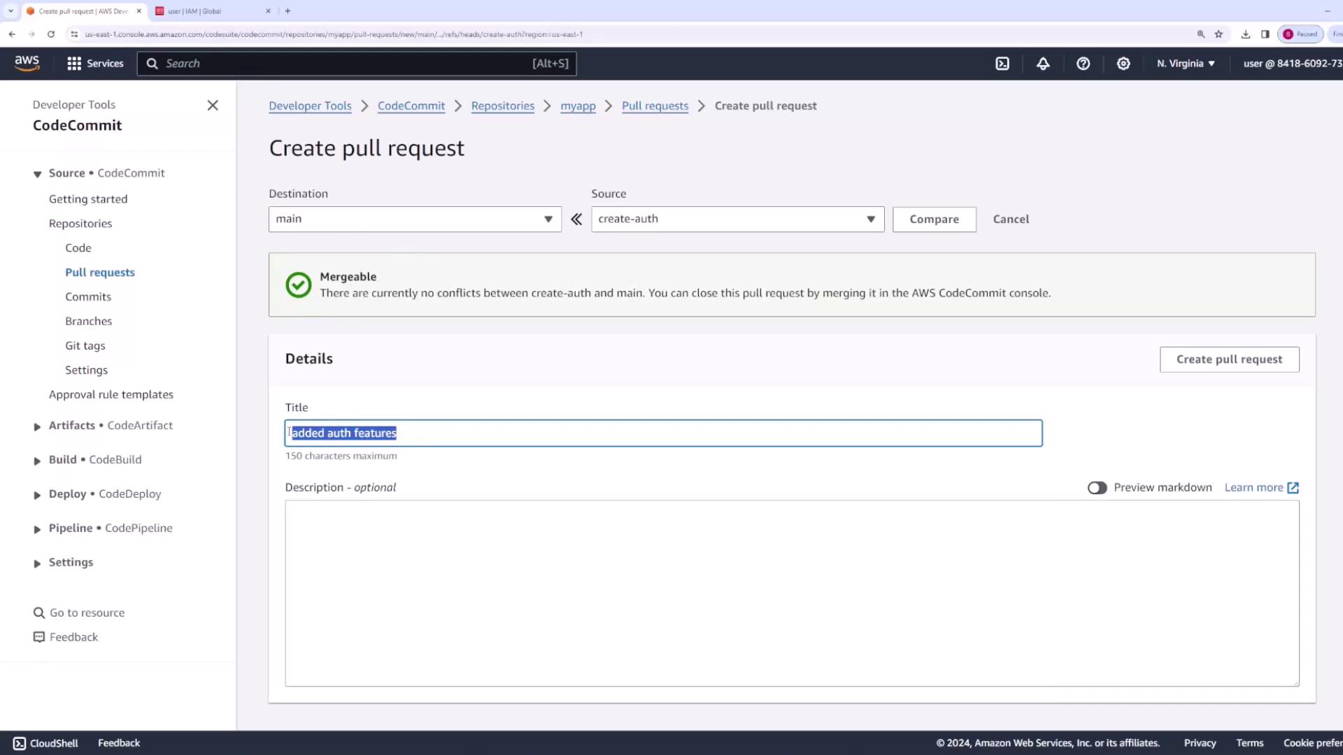 The image shows the AWS CodeCommit interface where a user is creating a pull request titled "added auth features" with no conflicts between branches.