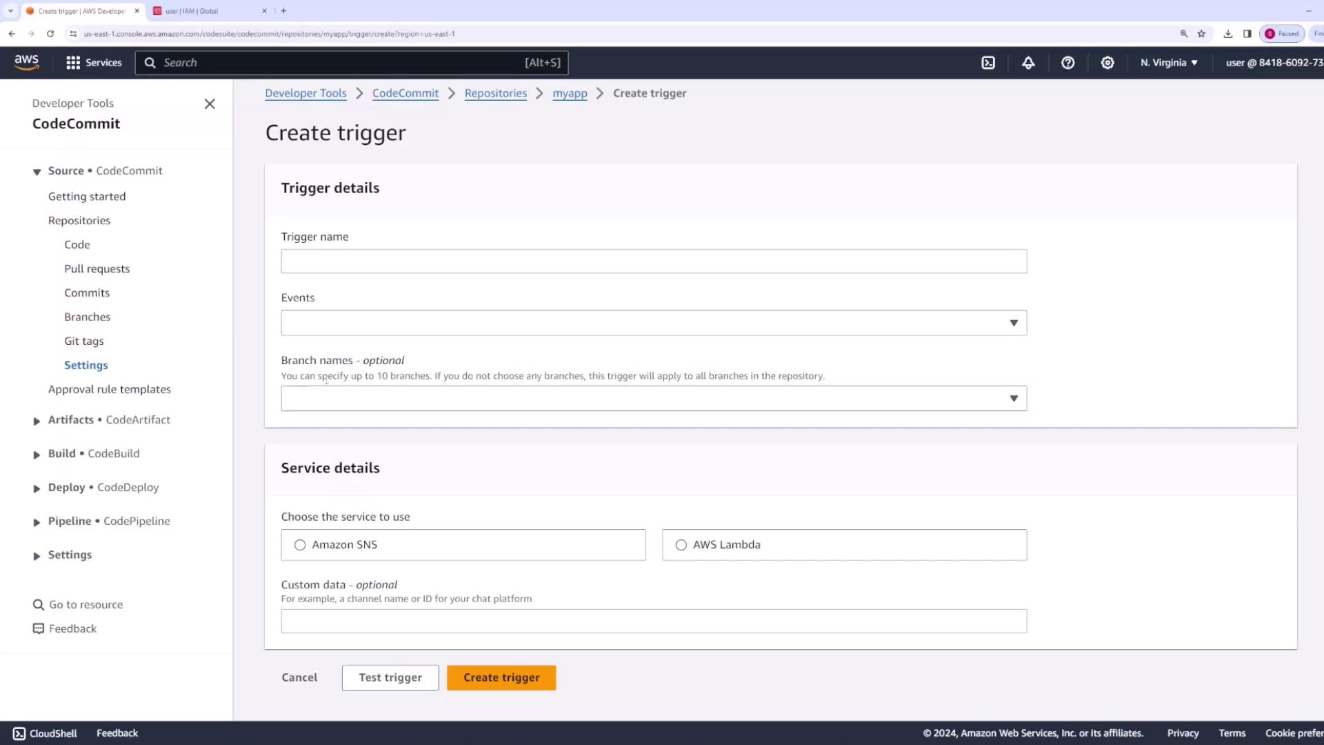 The image shows an AWS CodeCommit interface for creating a trigger, with fields for trigger details and service details. Options include selecting events, branch names, and services like Amazon SNS or AWS Lambda.