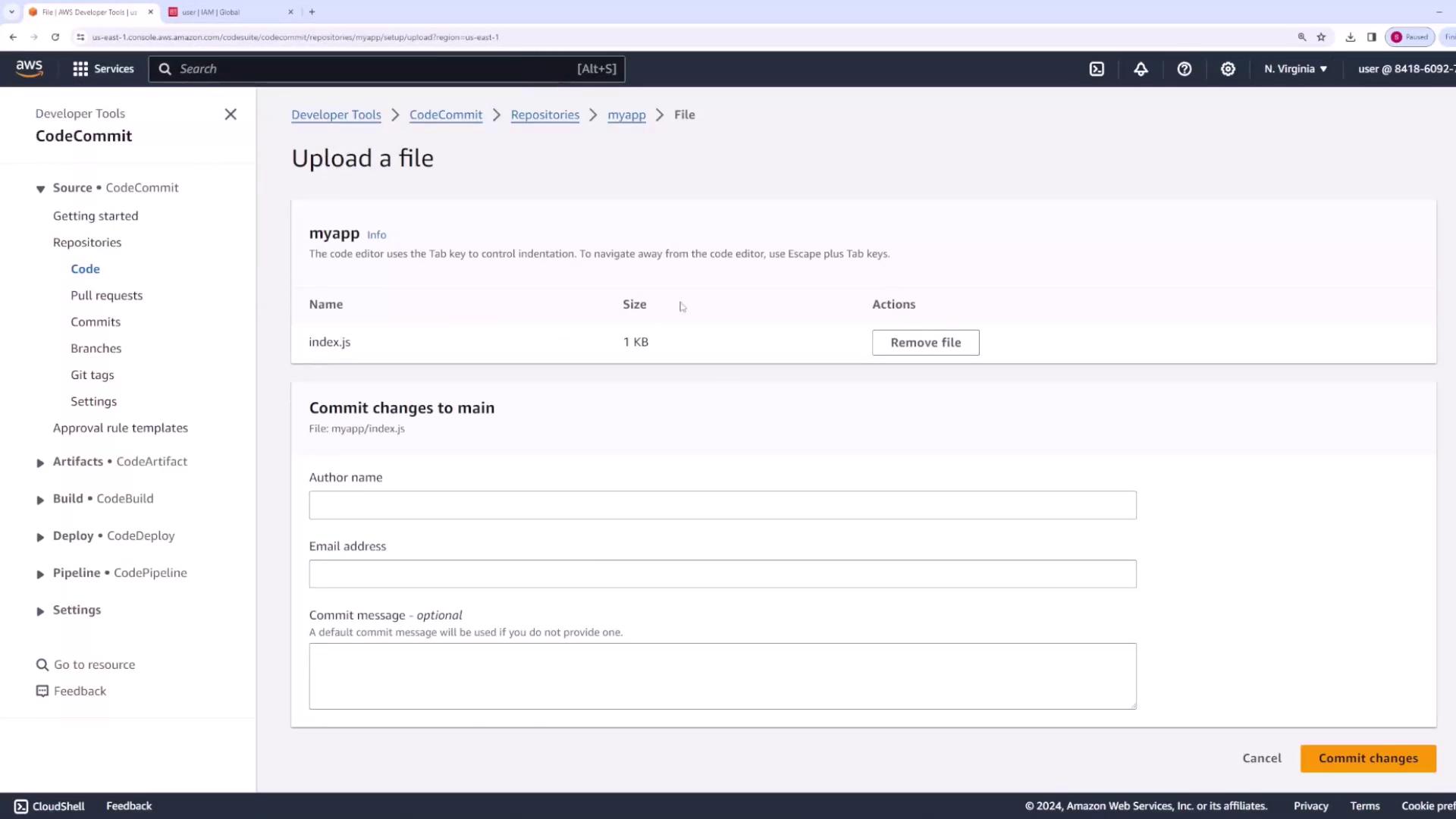The image shows an AWS CodeCommit interface where a file named "index.js" is being uploaded to a repository called "myapp." There are fields for entering author name, email address, and an optional commit message before committing changes to the main branch.