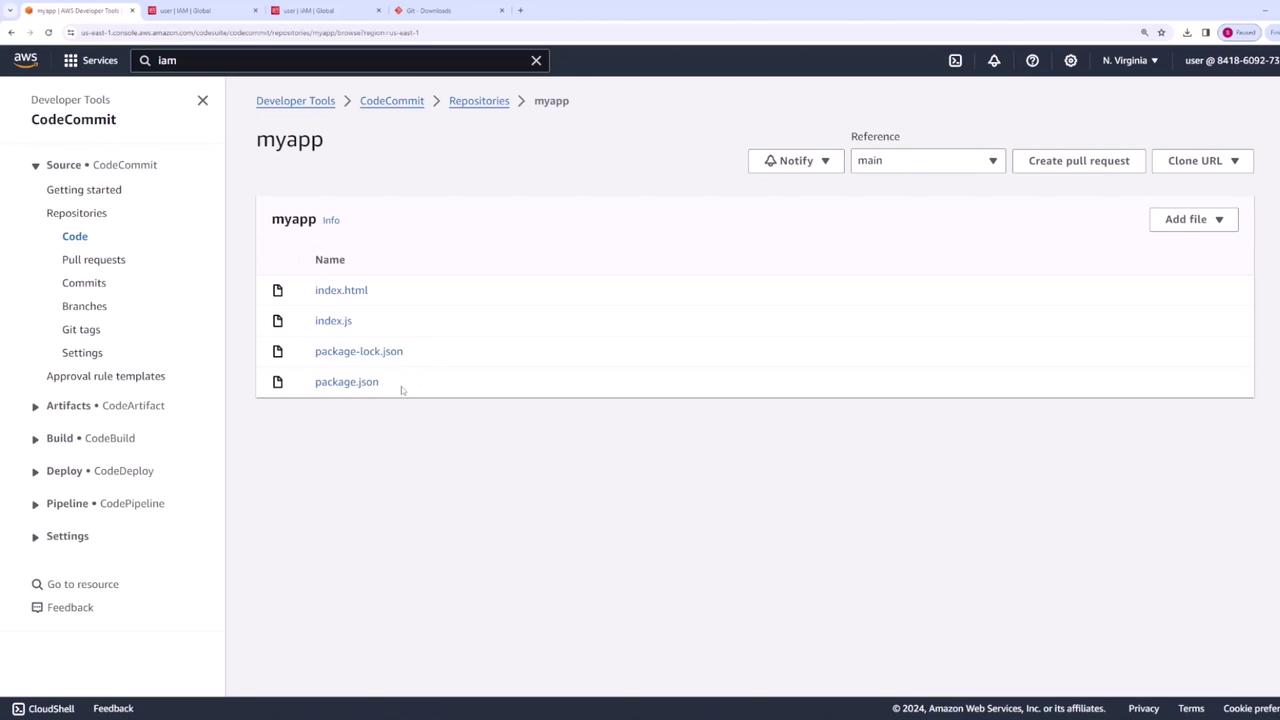 The image shows an AWS CodeCommit repository interface for a project named "myapp," displaying files like `index.html`, `index.js`, `package-lock.json`, and `package.json`.