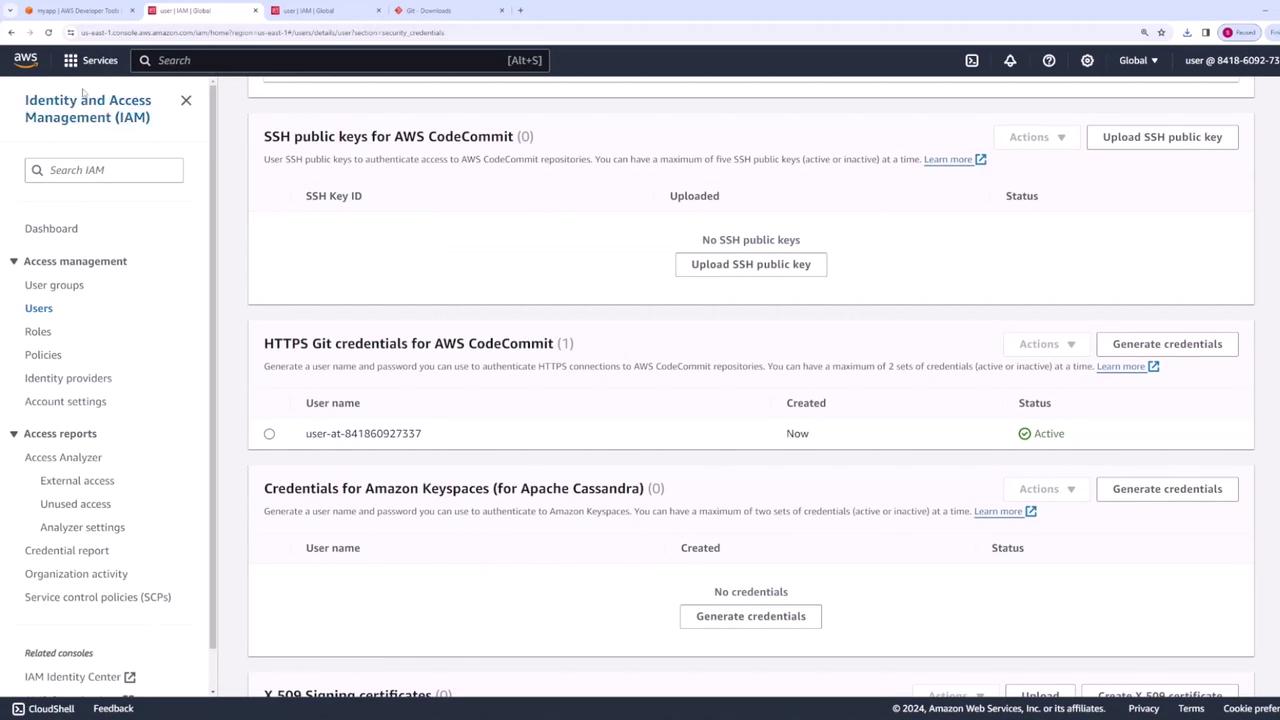 The image shows an AWS Identity and Access Management (IAM) console screen displaying sections for SSH public keys, HTTPS Git credentials for AWS CodeCommit, and credentials for Amazon Keyspaces. It includes options to upload or generate credentials.