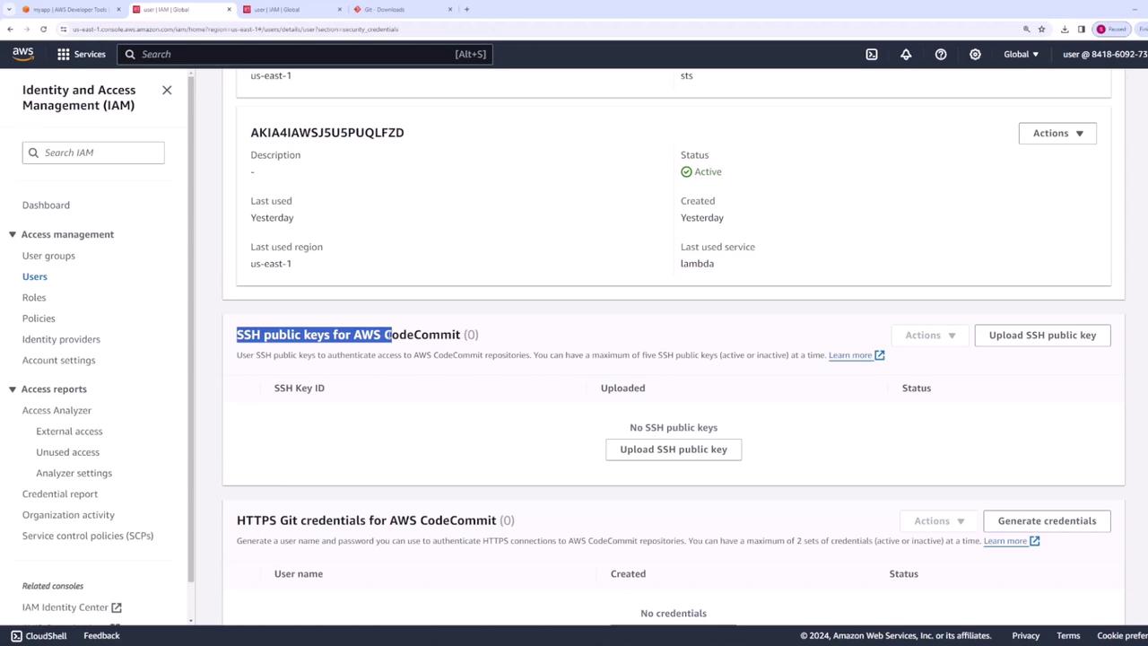 The image shows an AWS Identity and Access Management (IAM) console screen, displaying details of a user's security credentials, including SSH public keys and HTTPS Git credentials for AWS CodeCommit.