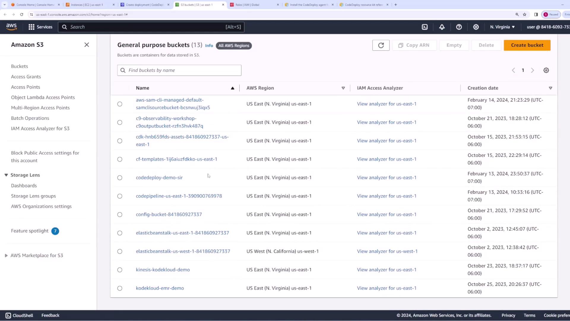 The image shows an Amazon S3 console with a list of general-purpose buckets, their names, AWS regions, IAM access analyzers, and creation dates. The interface includes options for managing buckets, such as creating, copying, and deleting.