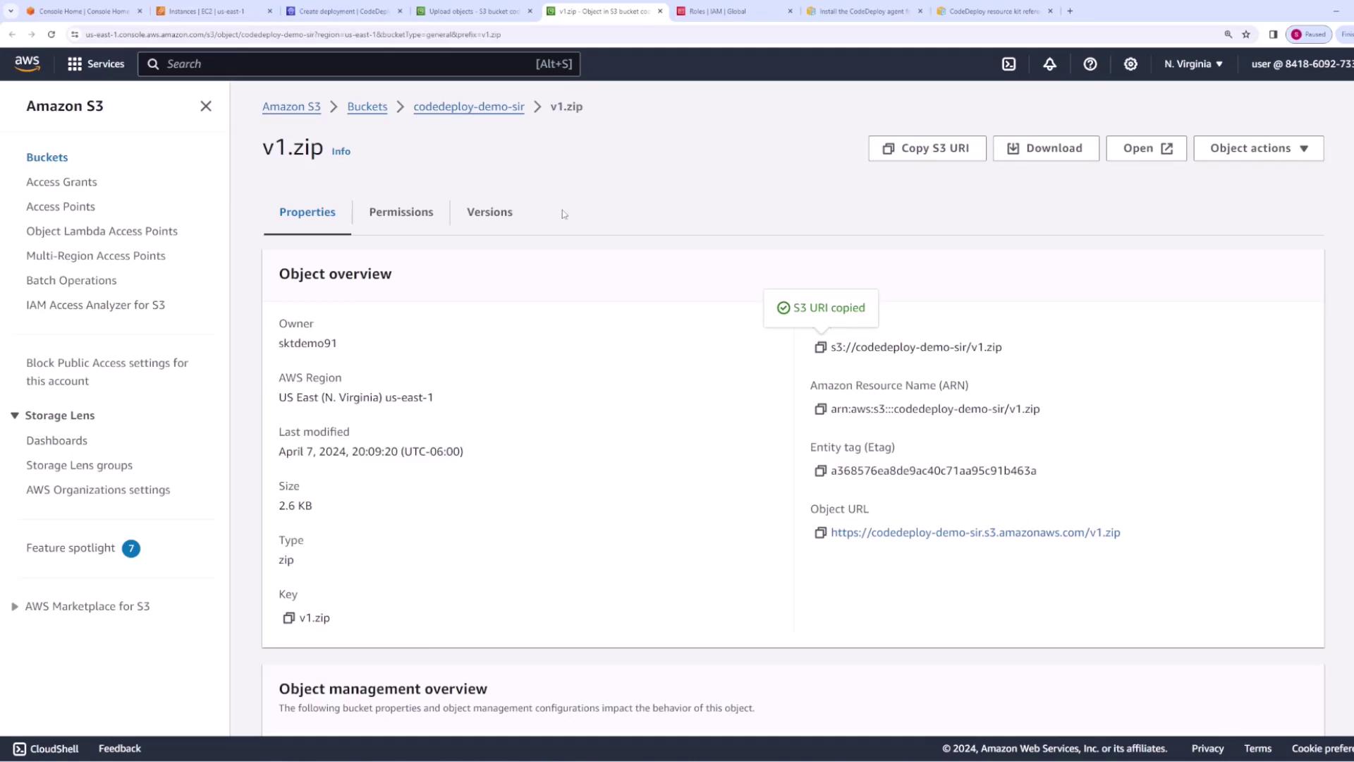 The image shows an AWS S3 console interface displaying details of a file named "v1.zip" in a bucket, including its size, type, and last modified date.