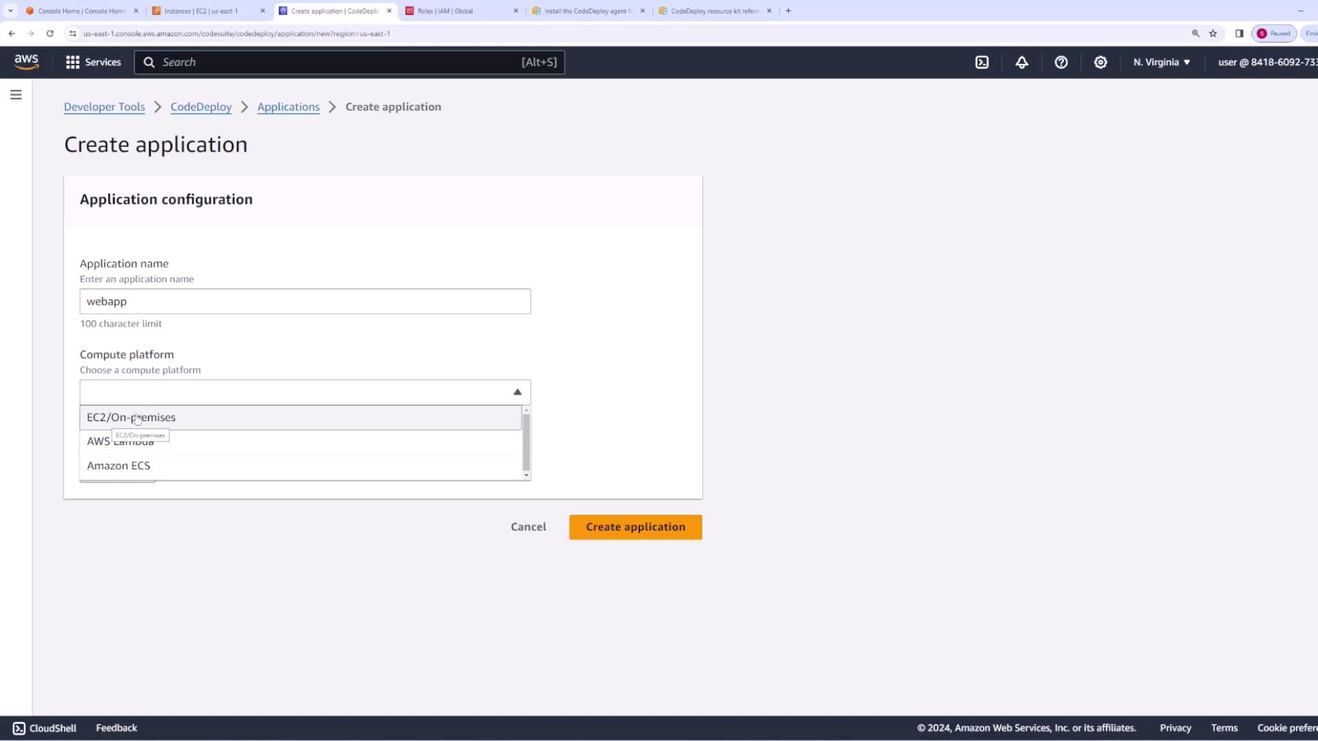 The image shows an AWS CodeDeploy interface for creating an application, with fields for entering an application name and selecting a compute platform.