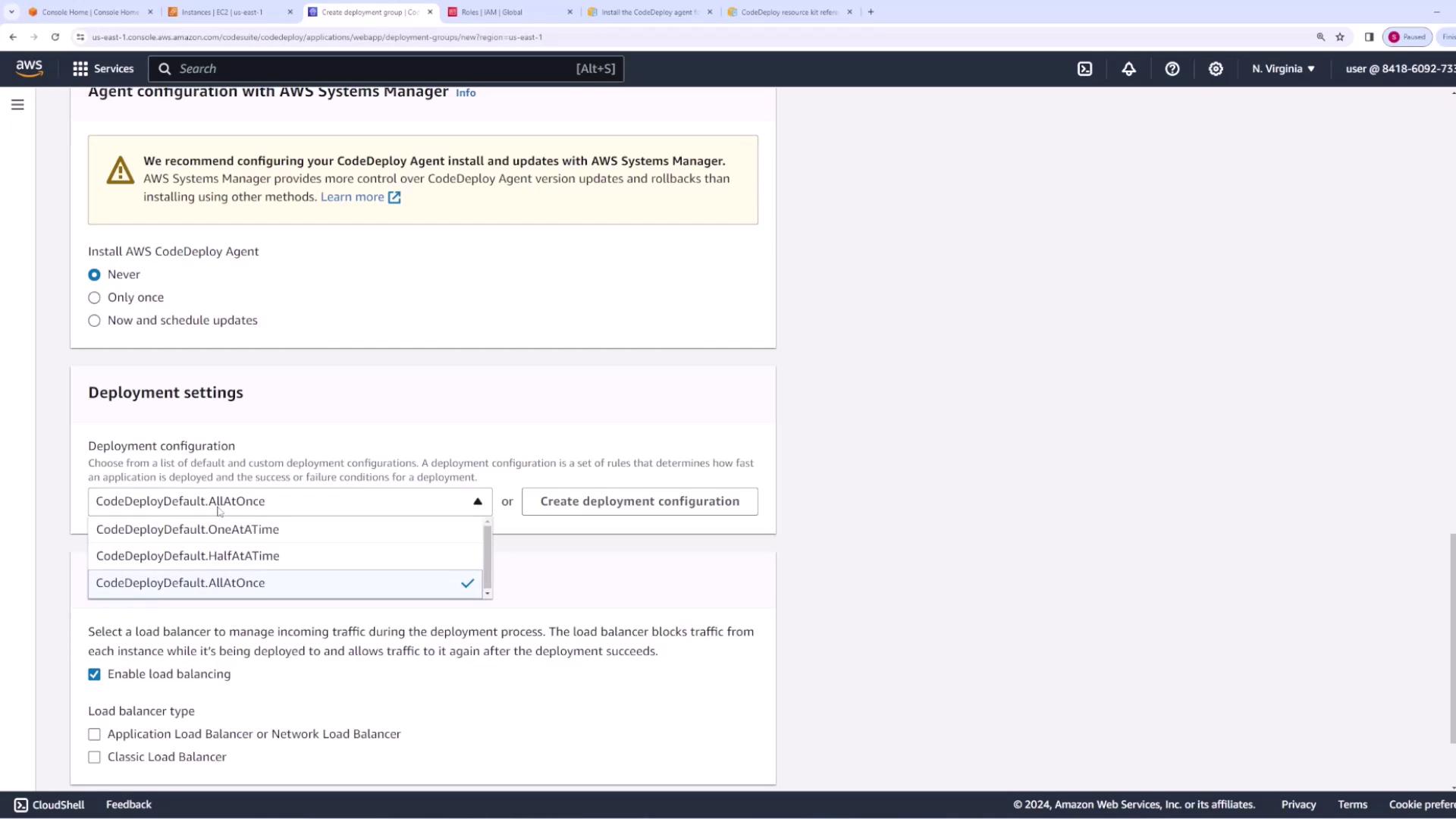 The image shows an AWS CodeDeploy configuration screen where deployment settings are being adjusted, including options for deployment configuration and load balancing.