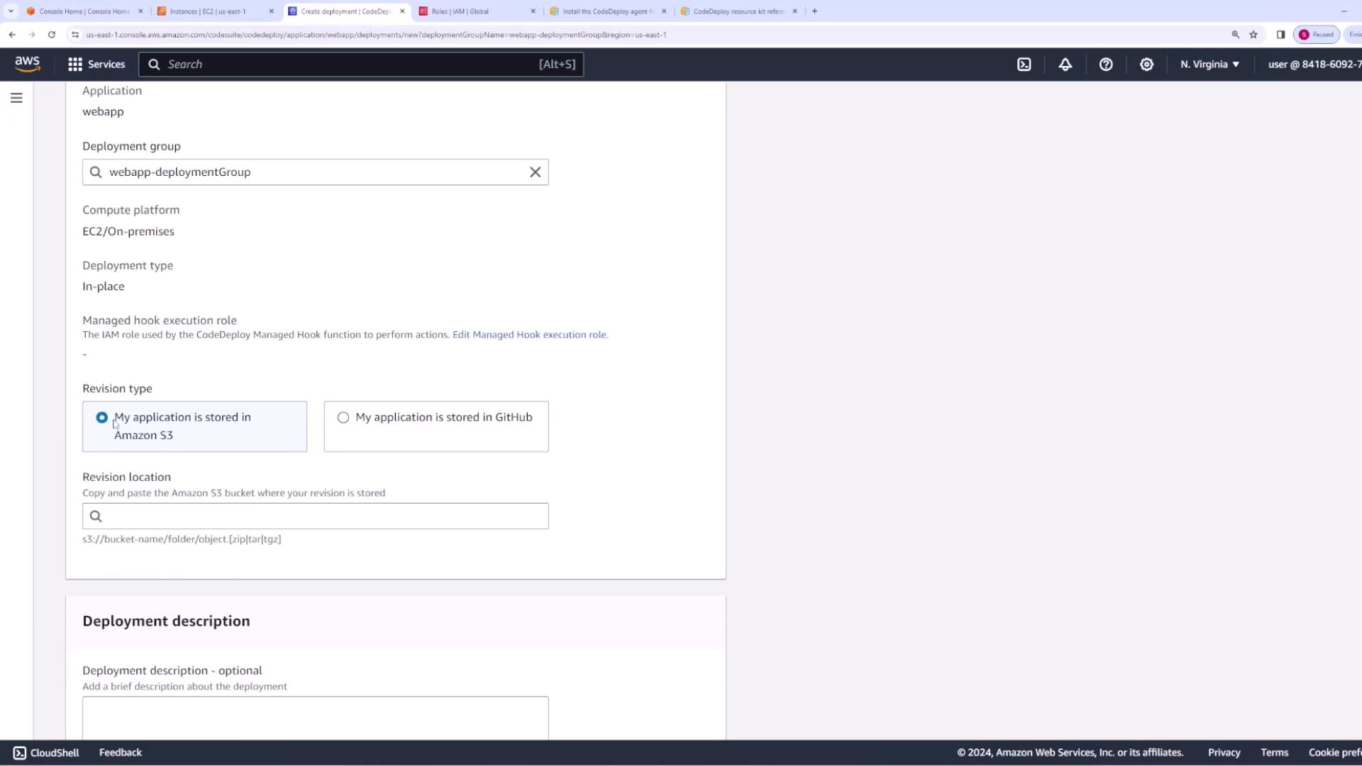 The image shows an AWS CodeDeploy setup screen where a deployment group is being configured. The application is set to be stored in Amazon S3, with options for deployment type and revision location visible.