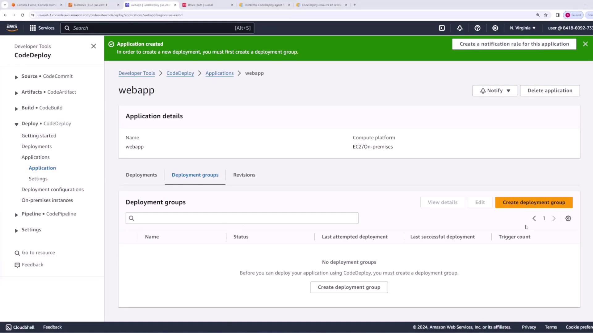 The image shows an AWS CodeDeploy interface for a web application named "webapp," with options to create a deployment group. The interface indicates no deployment groups have been created yet.