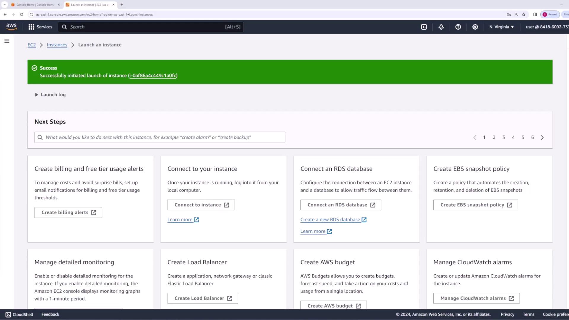 The image shows an AWS EC2 console screen indicating a successful instance launch, with options for next steps like creating billing alerts and connecting to the instance.