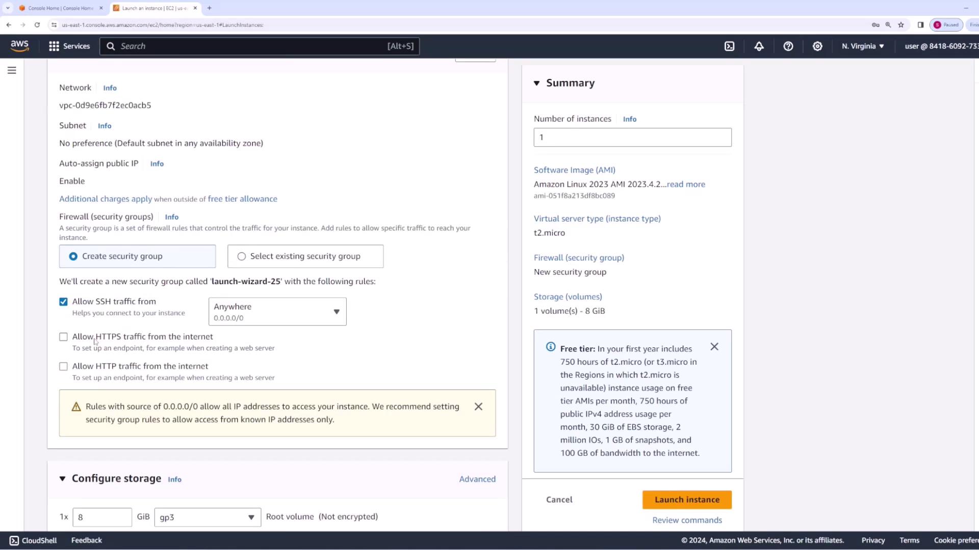 The image shows an AWS EC2 instance launch configuration screen, where a user is setting up network and security group settings for a new instance. The summary on the right provides details about the instance type, software image, and storage.