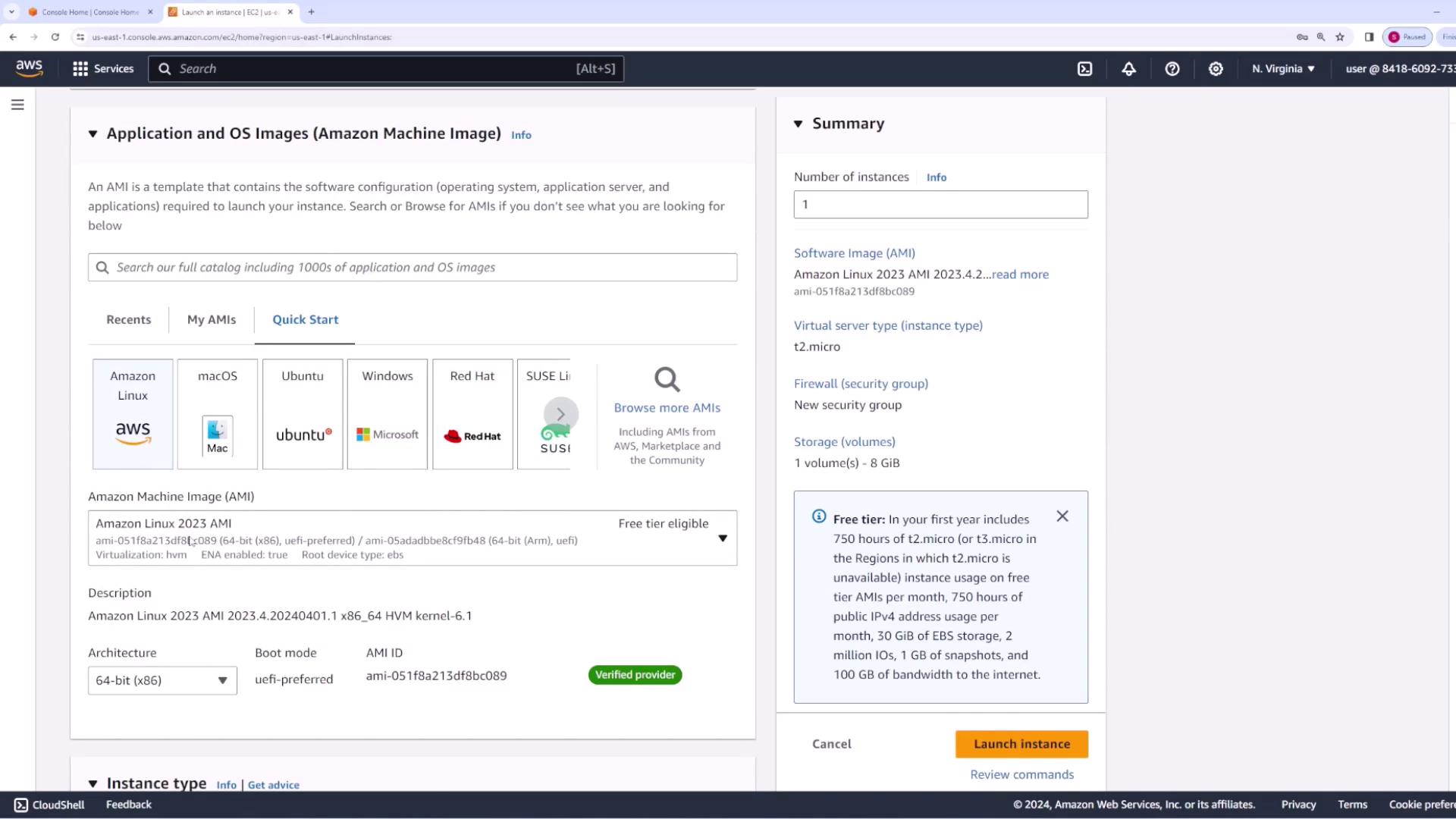 The image shows an AWS EC2 console screen for launching an instance, displaying options for selecting an Amazon Machine Image (AMI) and instance details like type and security group.