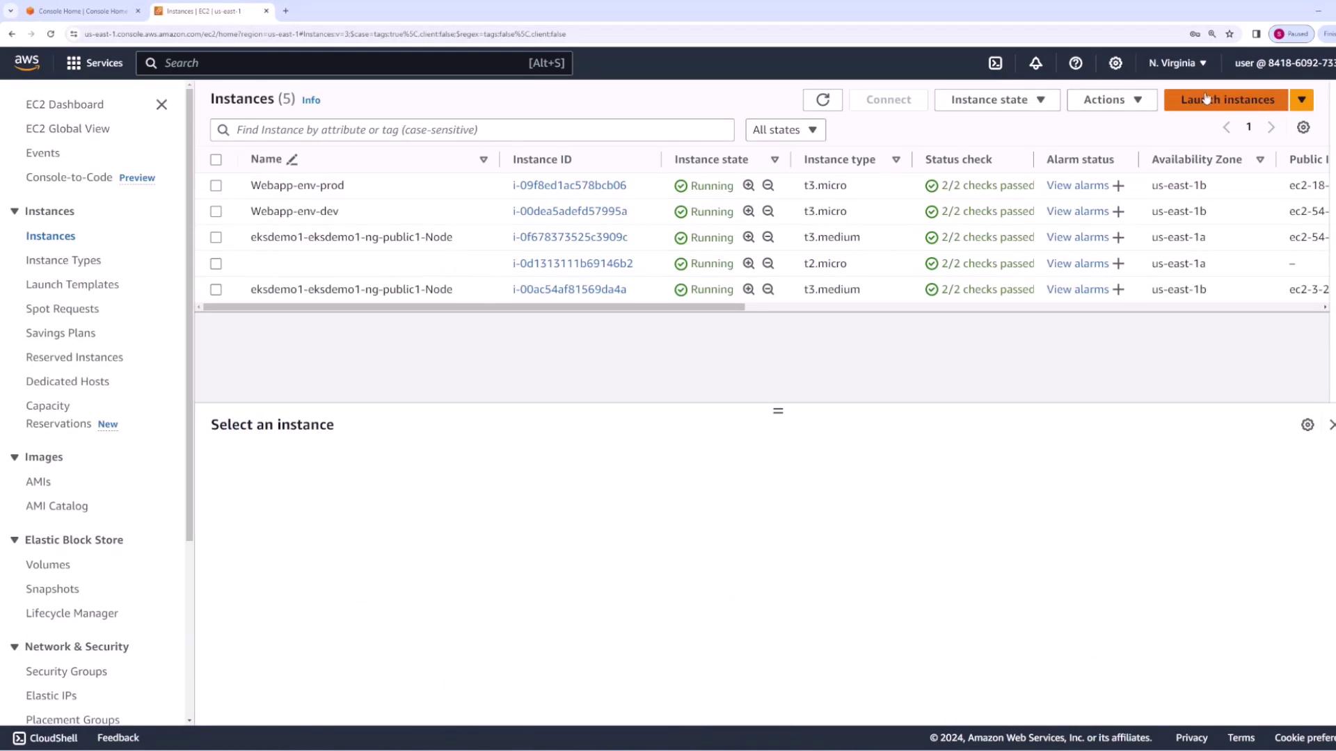 The image shows an AWS EC2 management console with a list of running instances, displaying details like instance ID, state, type, and availability zone.