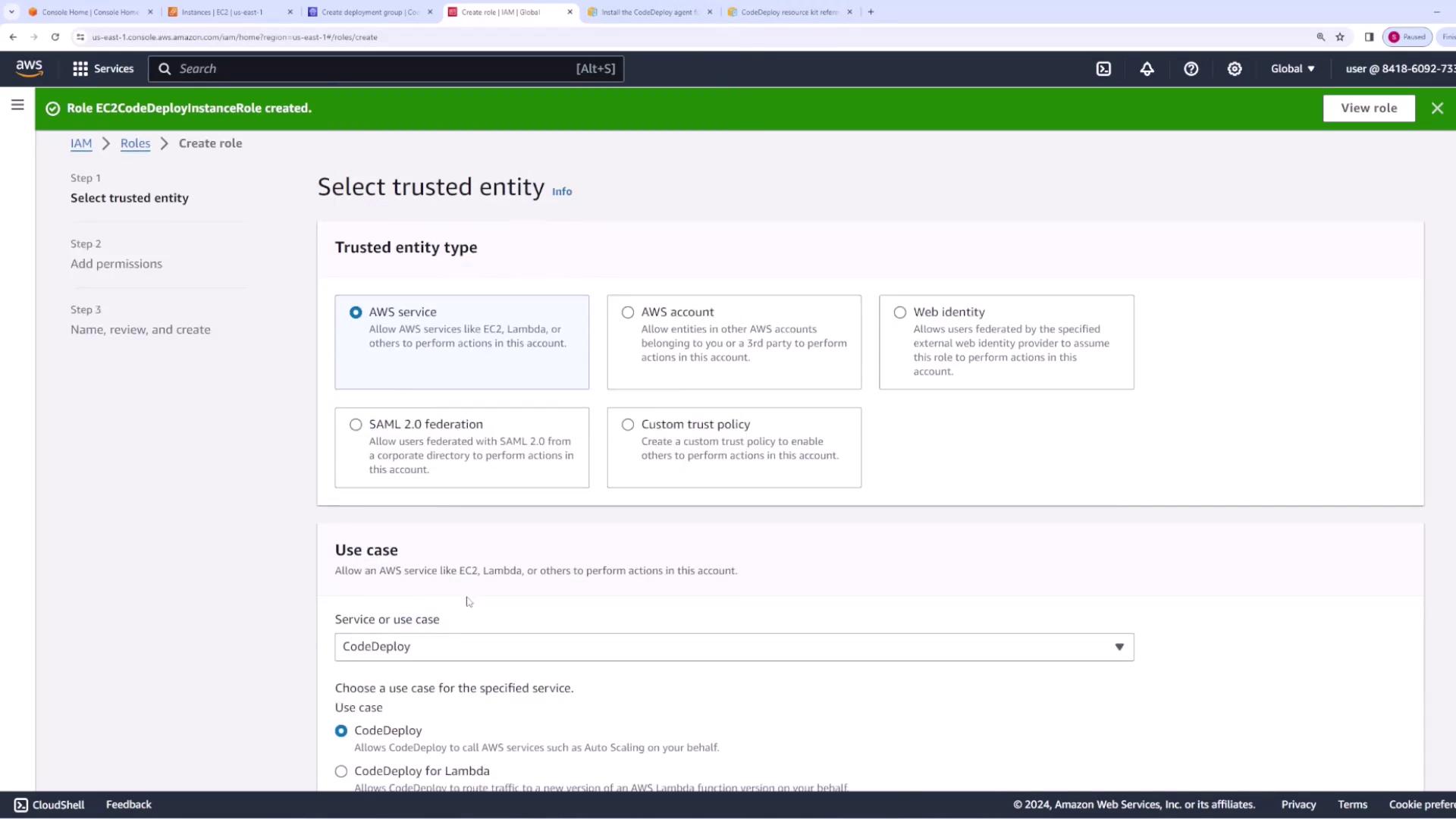 The image shows an AWS IAM console screen where a user is creating a role by selecting a trusted entity type, with options like AWS service, AWS account, and Web identity. The use case selected is "CodeDeploy."