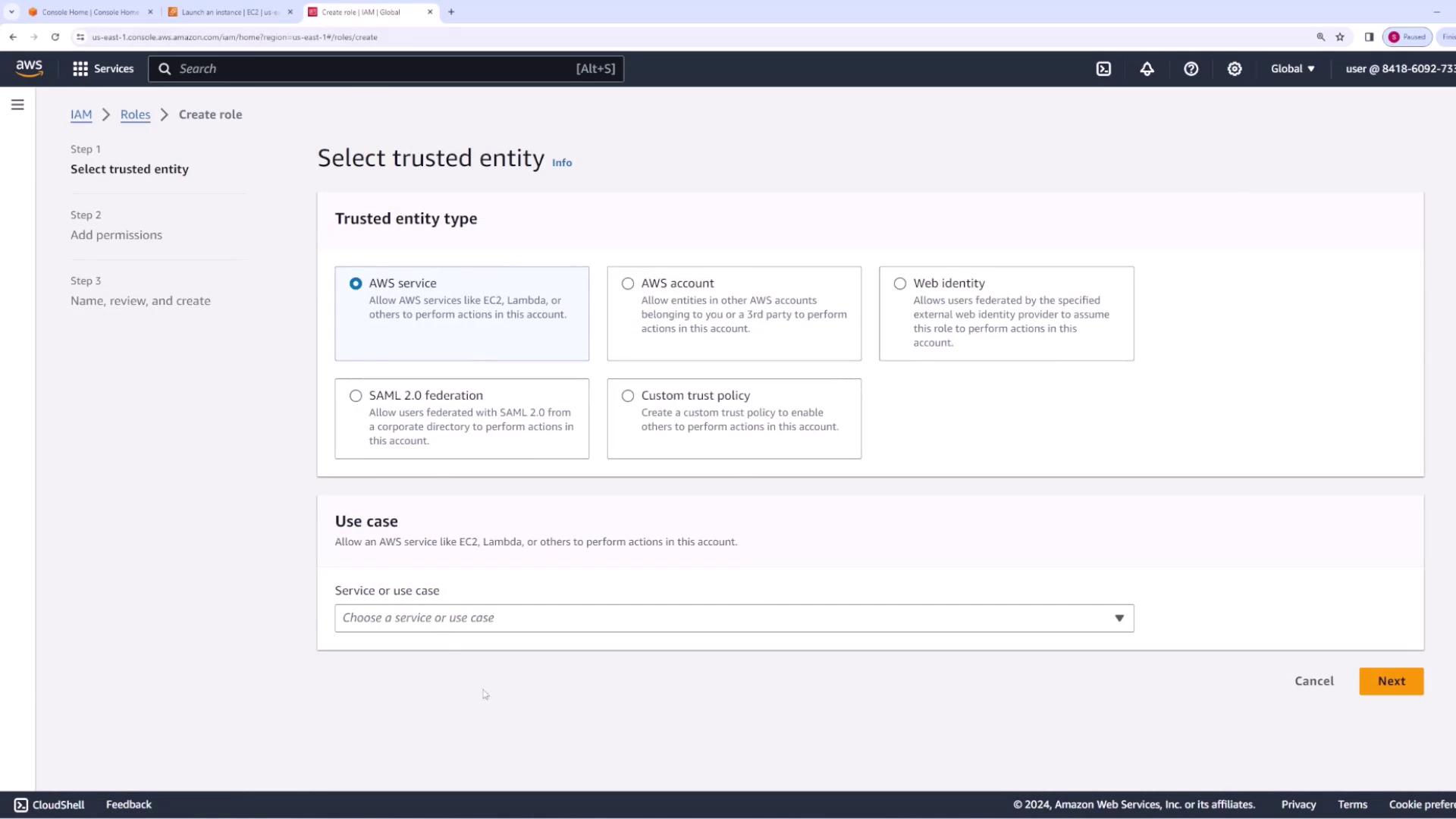 The image shows an AWS IAM console screen for creating a role, where the user is selecting a trusted entity type. Options include AWS service, AWS account, Web identity, SAML 2.0 federation, and Custom trust policy.