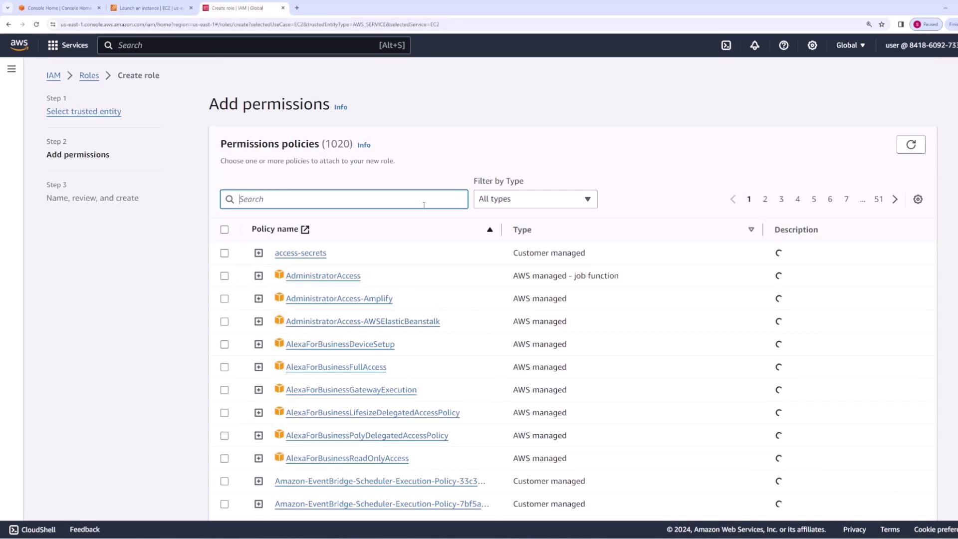 The image shows an AWS IAM console screen where permissions policies are being added to a role. It lists various policies with their types, such as "AWS managed" and "Customer managed."