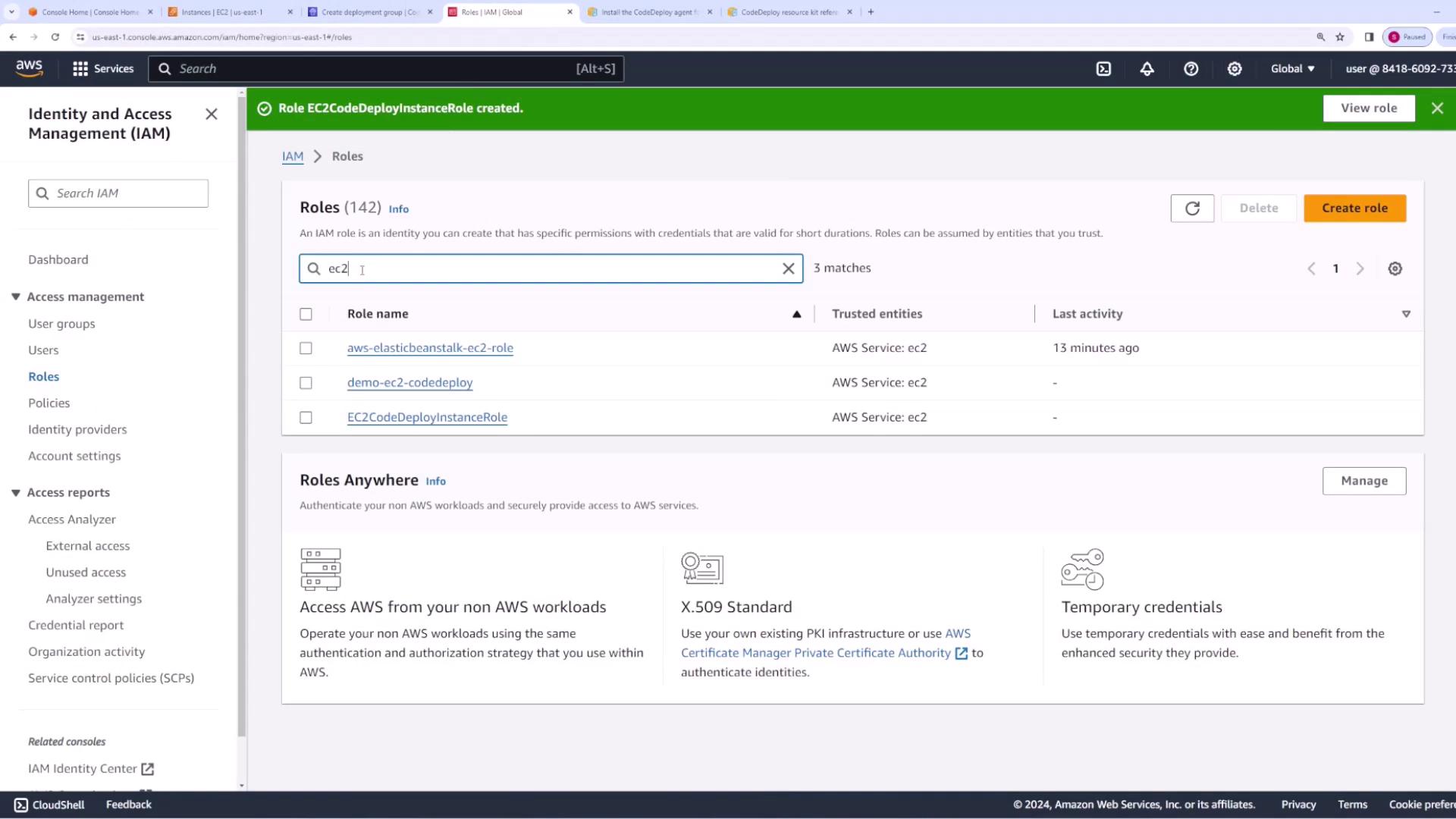 The image shows the AWS Identity and Access Management (IAM) console, specifically the "Roles" section, with a search for roles related to "ec2" and a notification indicating that a role named "EC2CodeDeployInstanceRole" has been created.