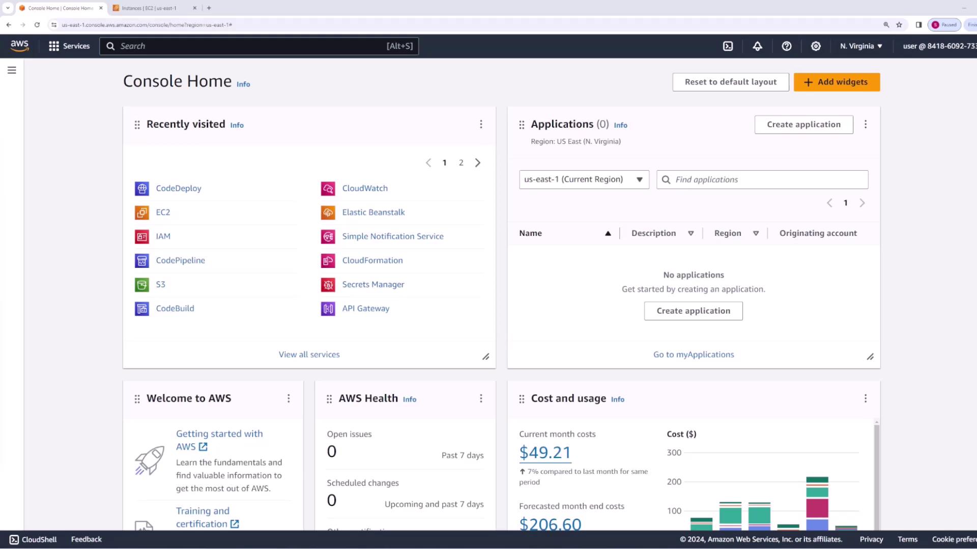 The image shows the AWS Management Console home screen, displaying recently visited services, application management, AWS health, and cost and usage information.