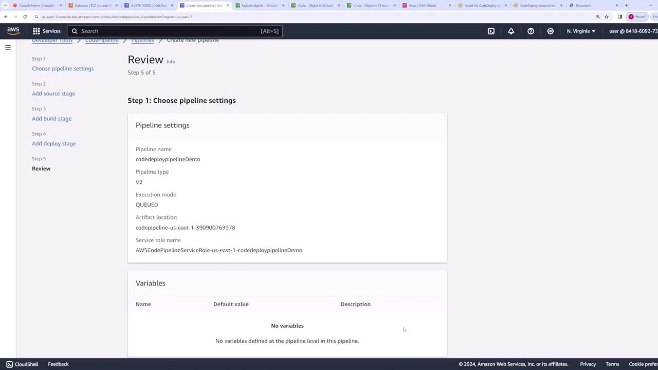 The image shows an AWS CodePipeline review page, displaying pipeline settings such as the pipeline name, type, execution mode, and artifact location. There are no variables defined at the pipeline level.