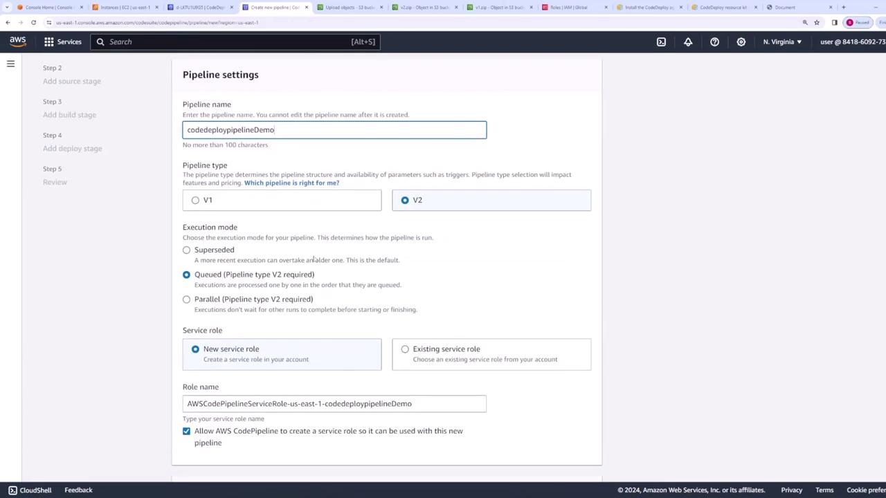 The image shows the AWS CodePipeline settings page, where a user is configuring a pipeline named "codedeploypipelineDemo" with options for pipeline type, execution mode, and service role.