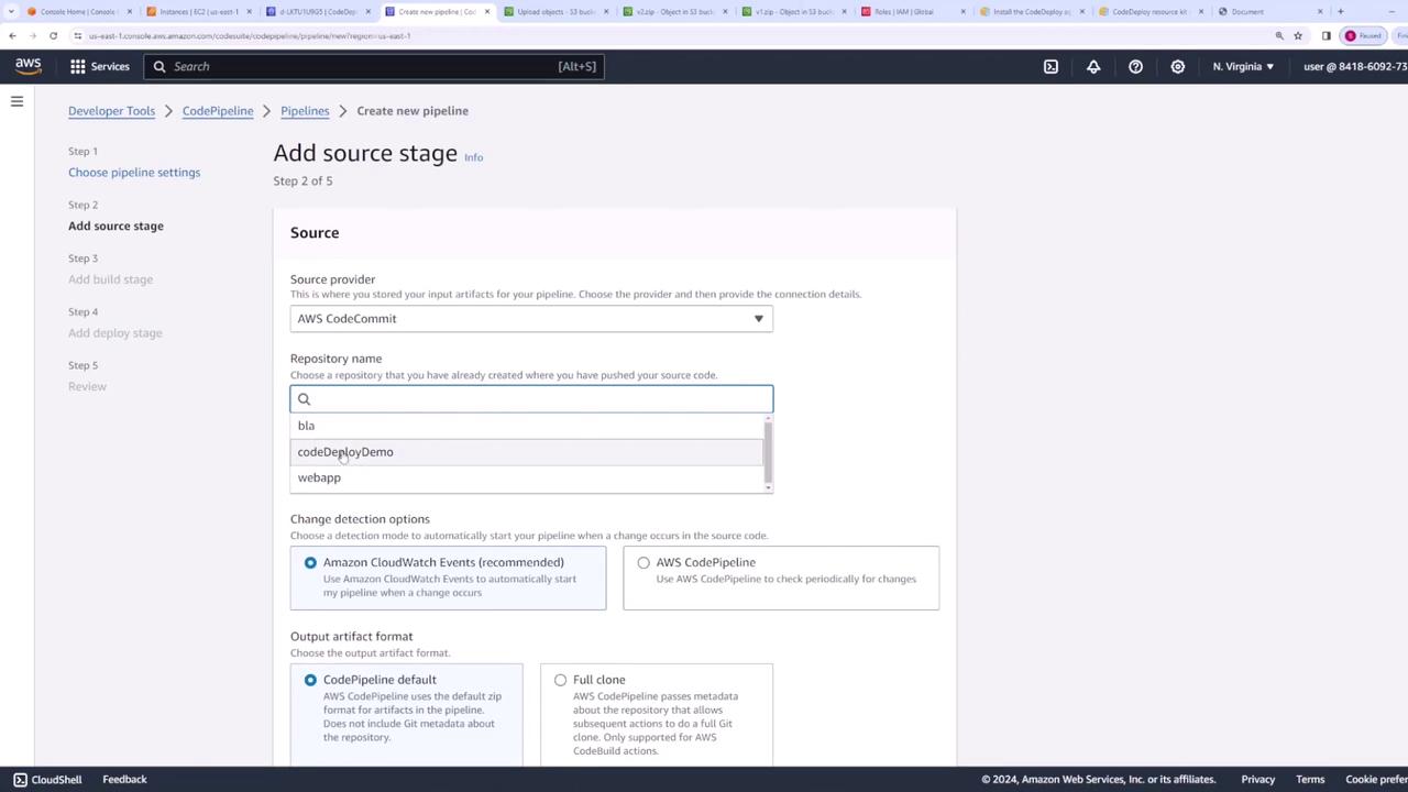 The image shows an AWS CodePipeline interface where a user is adding a source stage, selecting AWS CodeCommit as the source provider, and choosing a repository.