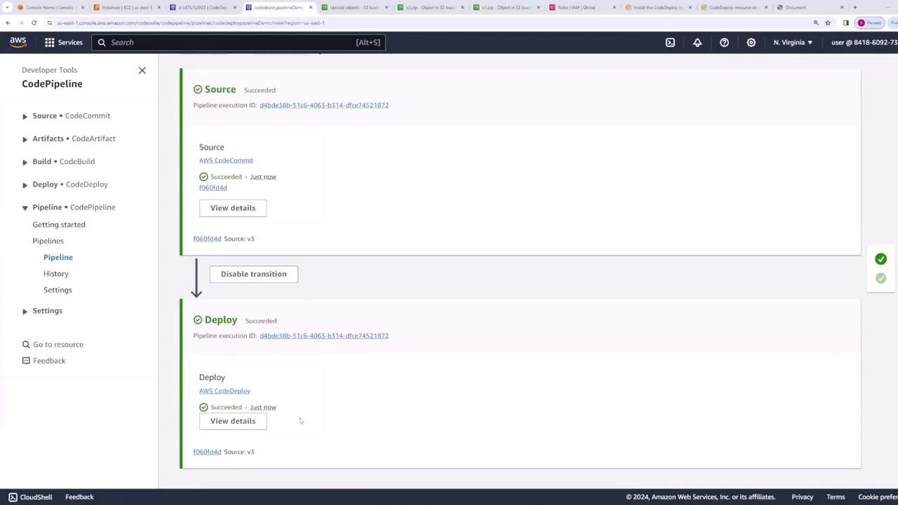 The image shows an AWS CodePipeline interface with successful stages for "Source" and "Deploy" using AWS CodeCommit and AWS CodeDeploy. The pipeline execution is marked as succeeded.
