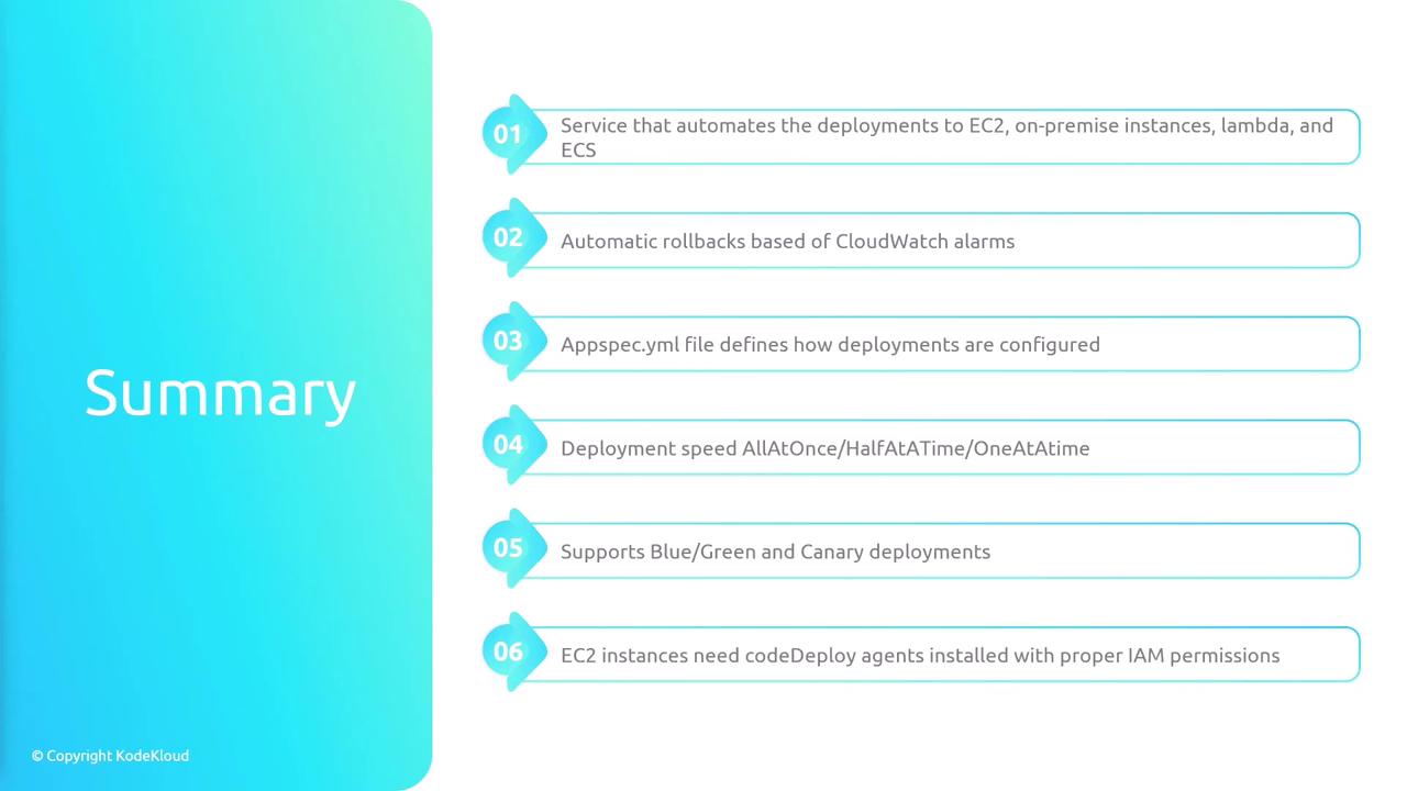 The image is a summary of a service that automates deployments to various platforms, supports automatic rollbacks, and different deployment strategies, and requires specific configurations and permissions.