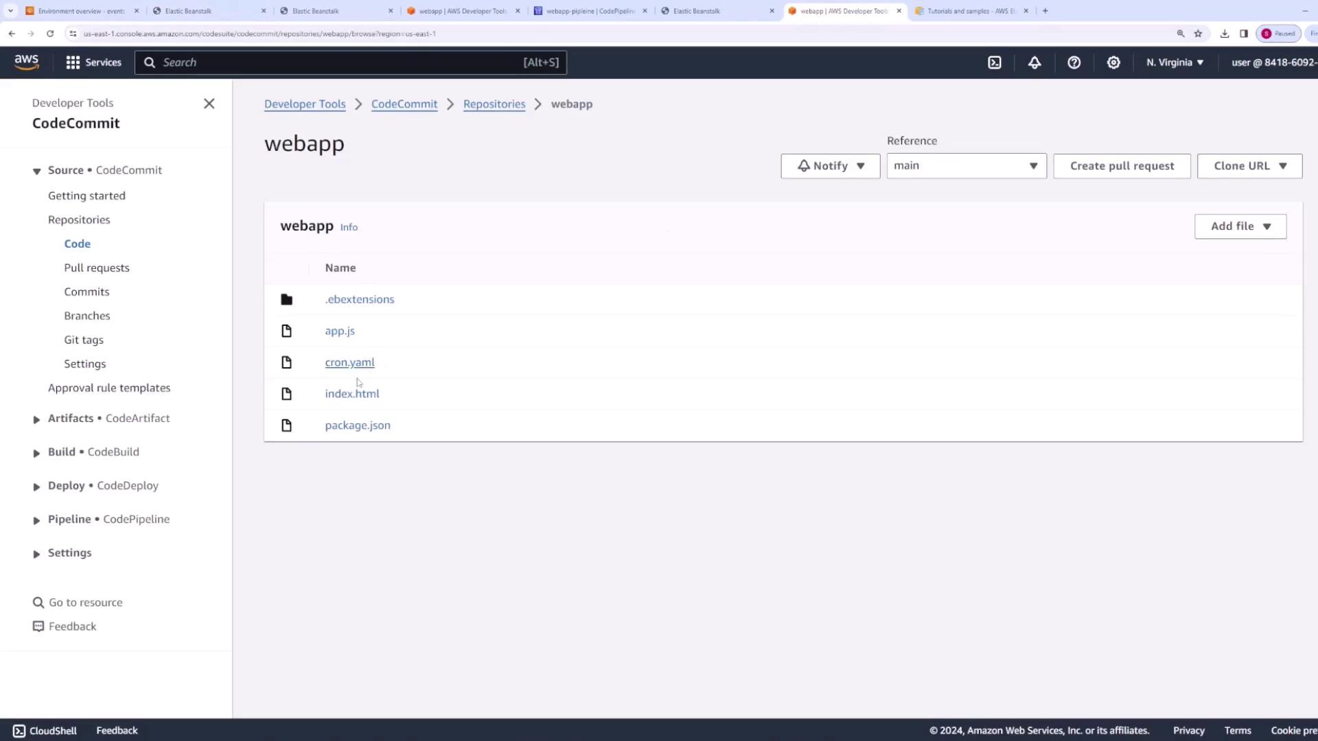 The image shows the AWS CodeCommit repository interface listing files.
