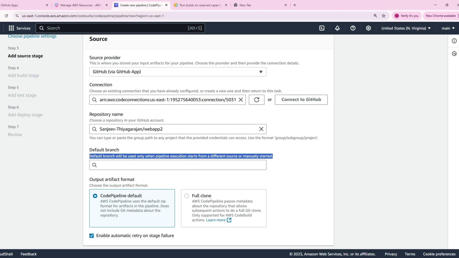 The image shows the CodePipeline interface where the build stage is being skipped.