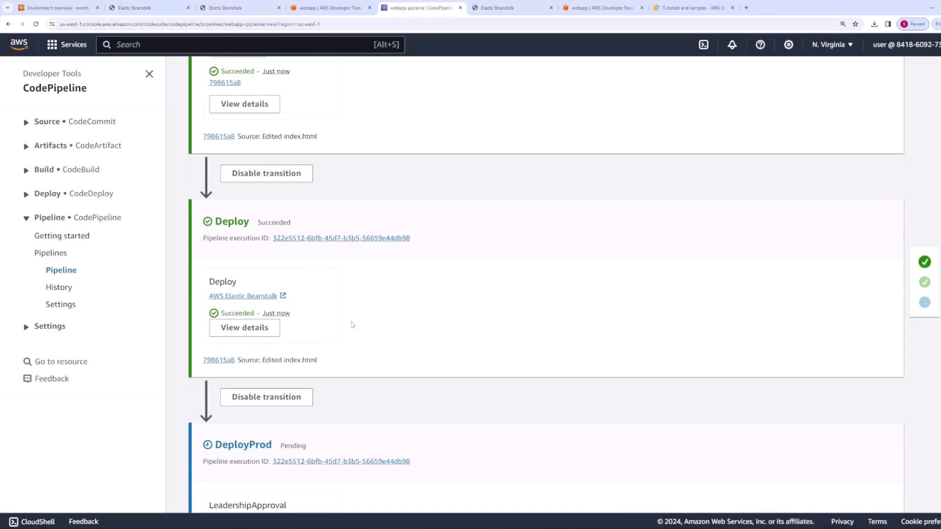 The image shows the AWS CodePipeline interface with the updated deployment process waiting for manual approval.