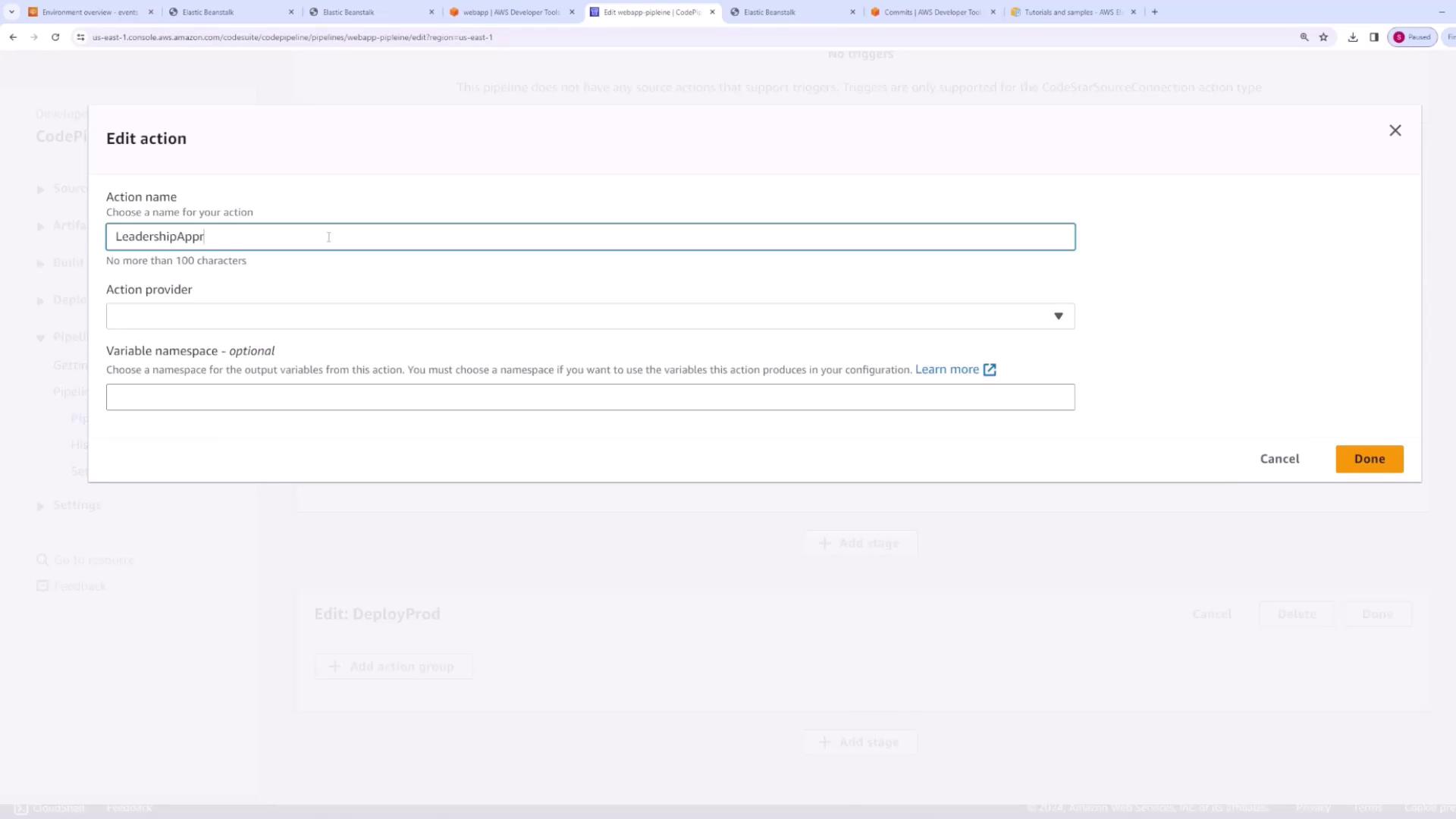 The image shows the AWS CodePipeline "Edit Action" dialog where an action name and provider are selected.