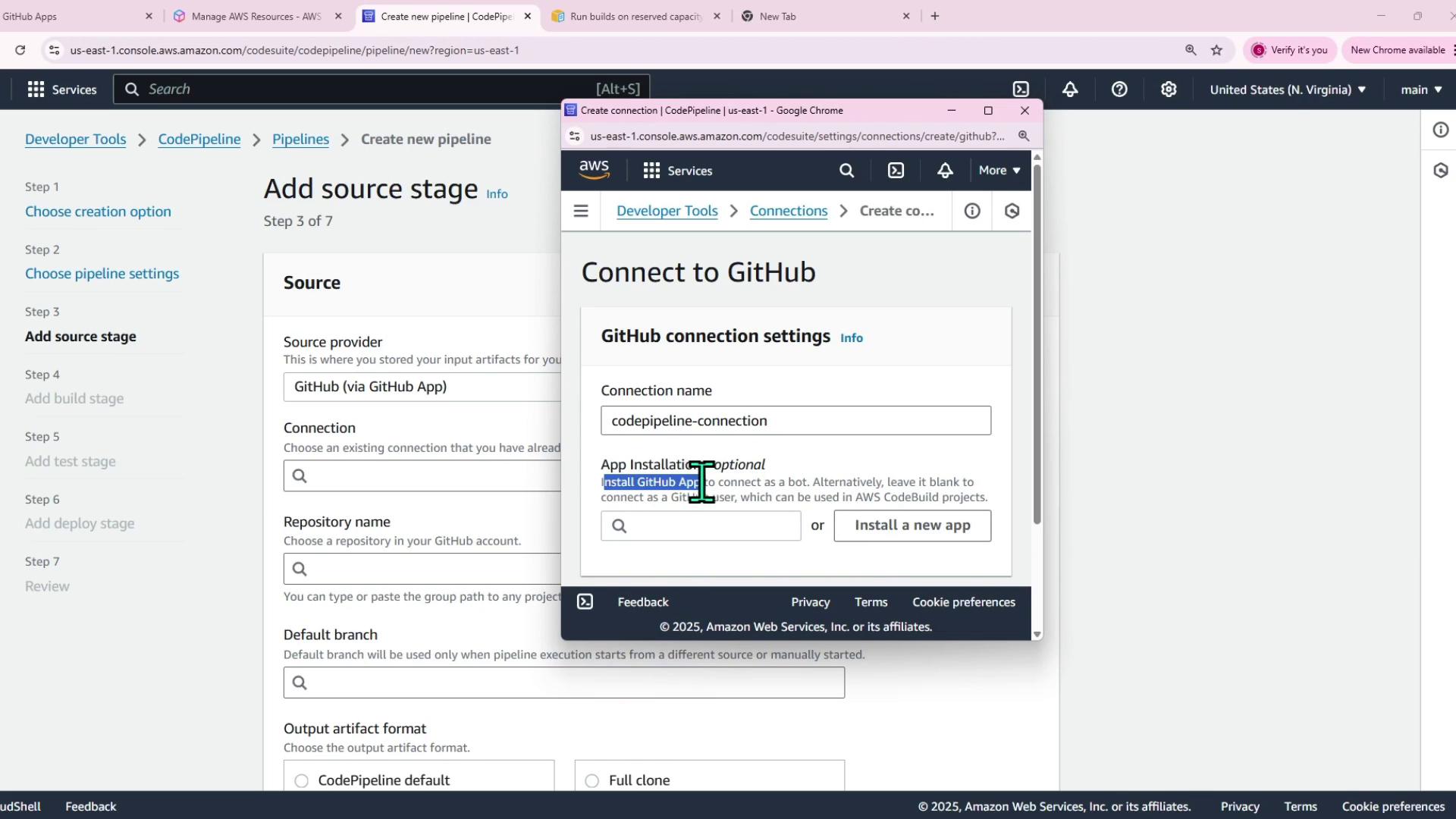 The image shows an AWS CodePipeline source stage setup connected to GitHub, illustrating the configuration process.