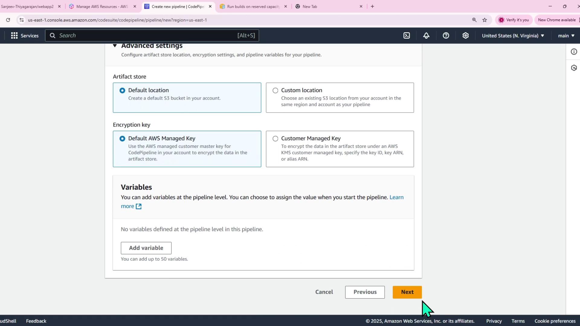 The image shows the AWS CodePipeline setup screen with artifact store configuration options.