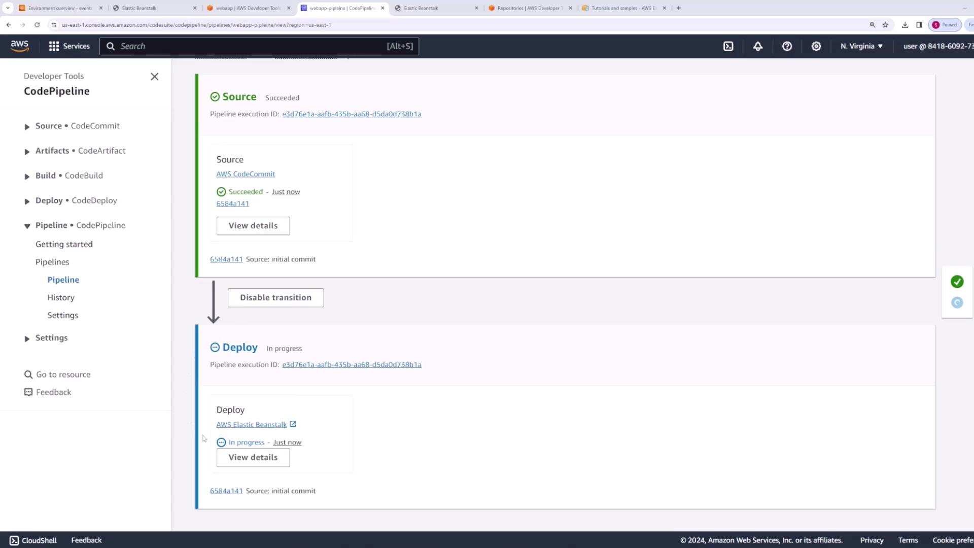 The image shows the AWS CodePipeline interface indicating successful deployment stages.