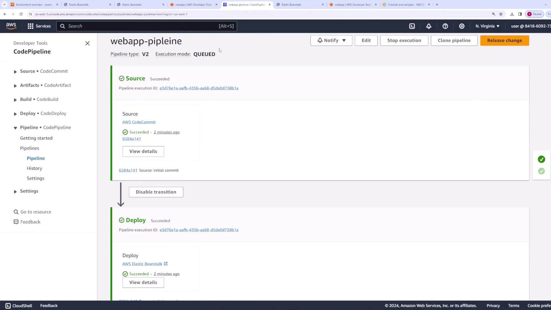 The image shows the AWS CodePipeline interface indicating successful execution for the updated version.