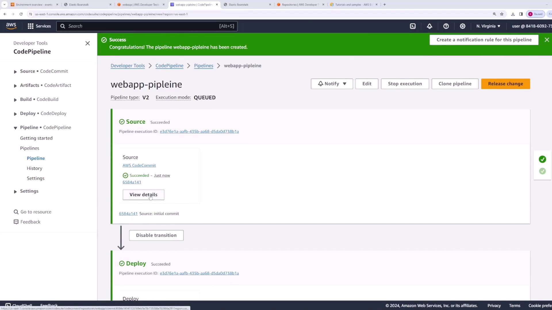 The image shows the AWS CodePipeline interface with both successful source and deploy stages.